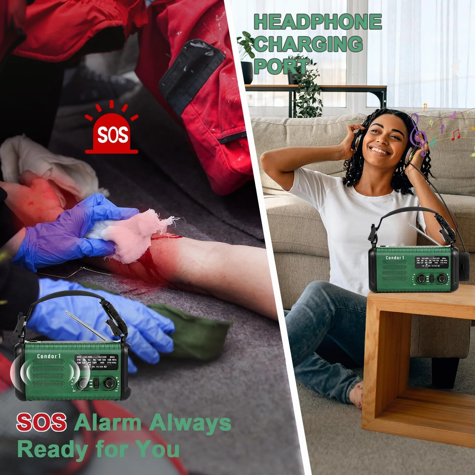 Radio awaryjne 20000 mAh / 74000 mWh, solarne radio z korbą ręczną AM/FM/NOAA, zasilanie bateryjne z ładowarką do telefonu komórkowego, alarmem SOS, latarką i lampą do czytania w nagłych wypadkach