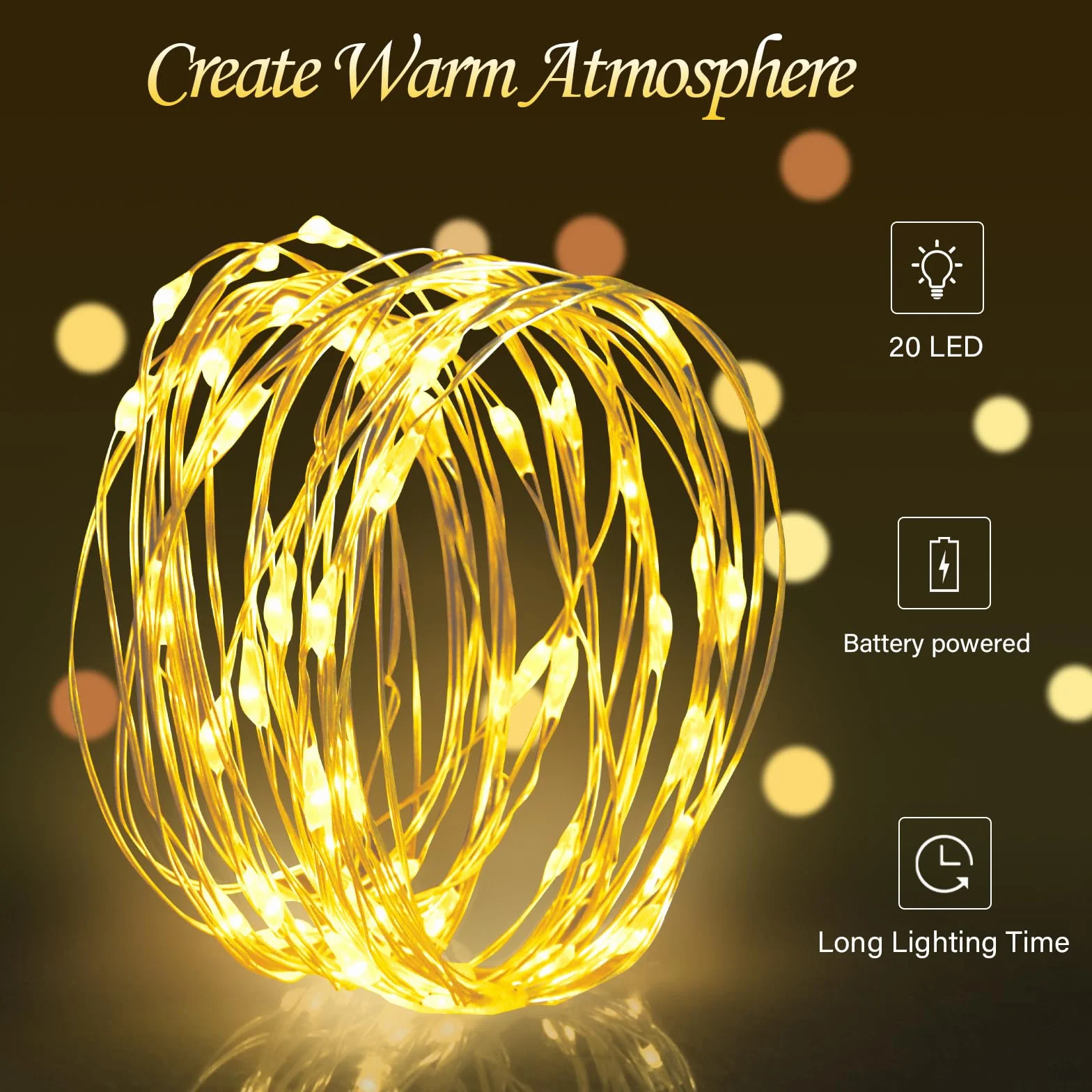 Dalugo Łańcuch świetlny na baterie, ciepła biel, 2 m, 20 diod LED, ciepła biel, z baterią, drut miedziany, łańcuch świetlny do wnętrz, na butelkę, do sypialni, na imprezę, wesele, Boże Narodzenie