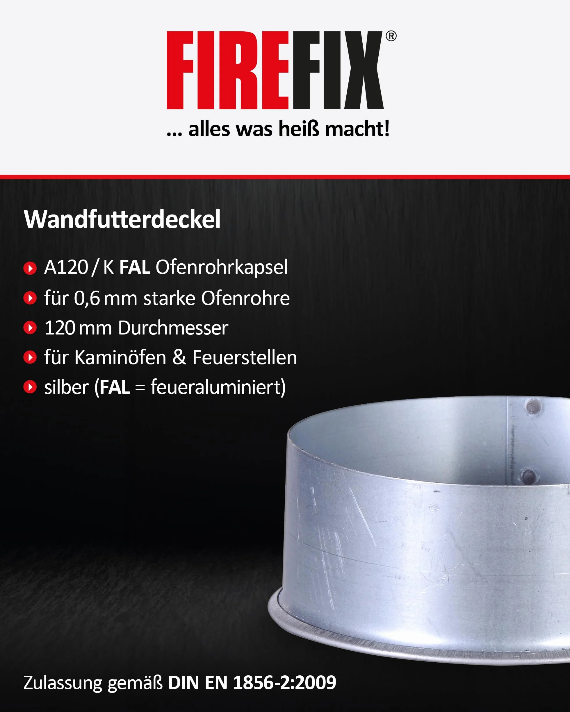 FIREFIX A150/K FAL korek rury piecowej do rury piecowej 120 mm I pokrywa uchwytu ściennego I rura kominowa akcesoria z wysokiej jakości blachy stalowej, 0,6 mm, stożkowa, wtykana, srebrna