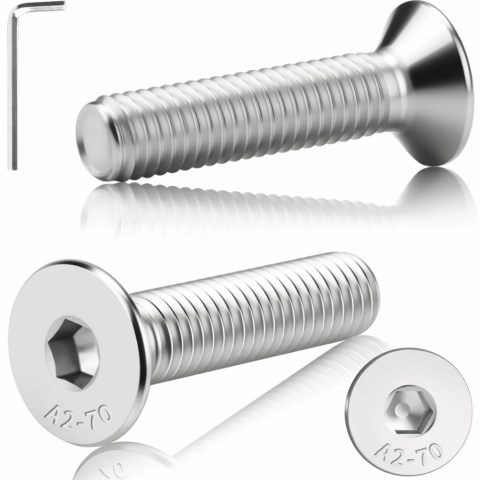 60 szt. śrub z łbem stożkowym M4 x 16 mm, stal nierdzewna, DIN 7991, A2, V2A, z łbem wpuszczanym, z łbem stożkowym, pełny gwint, z kluczem sześciokątnym, srebrne, śruby z łbem płaskim do maszyn