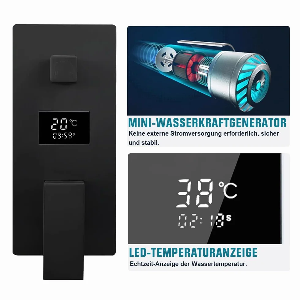 System prysznicowy, czarny, podtynkowy, armatura prysznicowa, 30 x 30 cm, system prysznicowy z wyświetlaczem LCD, deszczownica czarna, słuchawka prysznicowa 200 mm, mosiężny korpus, wąż prysznicowy
