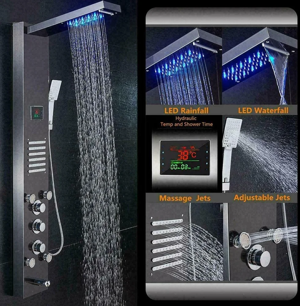 Panel prysznicowy LED, system wieżowy, deszcz, wodospad, masaż, czarny, stal nierdzewna