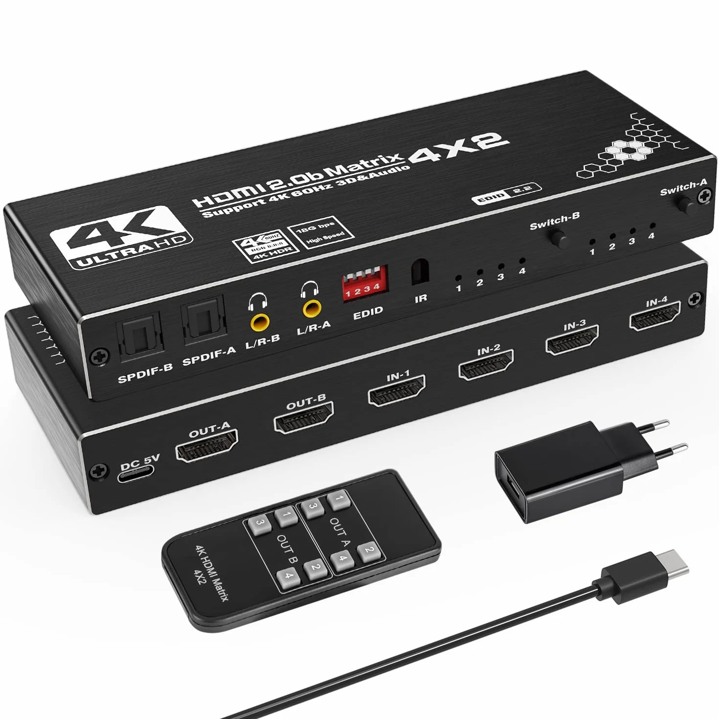 Tendak Matrix HDMI 4x2 - Przełącznik 4K 60Hz z Ekstrakcją Audio, Obsługa HDCP 2.2, EDID, HDR, 3D, Pilot