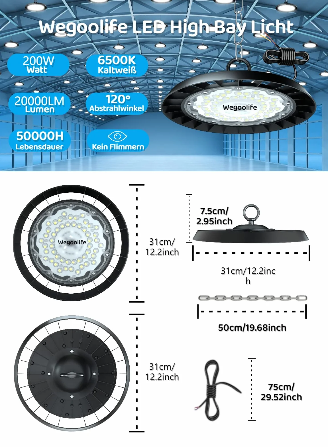 200 W LED UFO oświetlenie hali, 20 000 lm, reflektor halowy, wodoszczelność IP65, reflektor przemysłowy, 6500 K, zimna biel, oświetlenie warsztatowe, oświetlenie warsztatowe do magazynu,