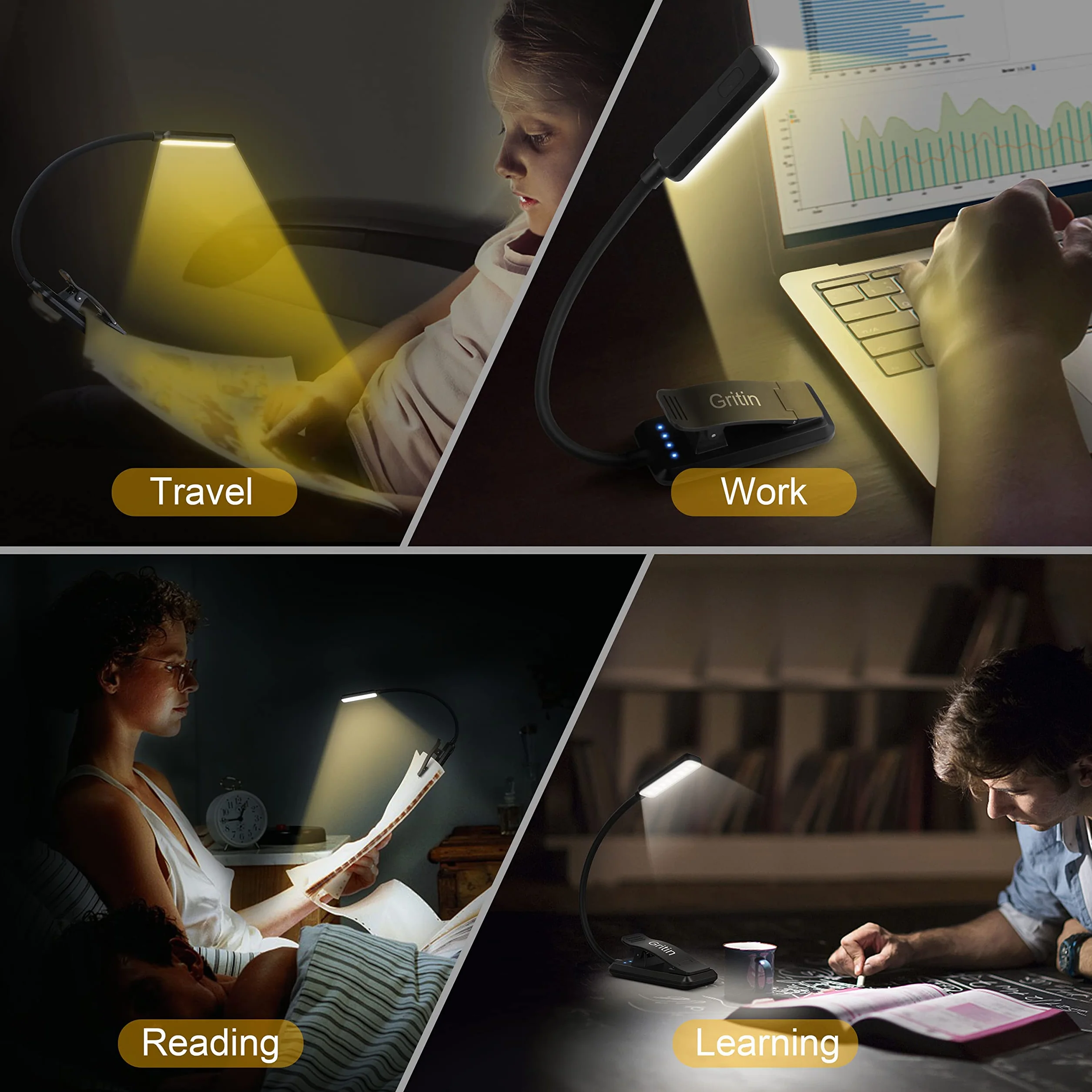 Gritin Światło do Czytania Ładowane, 9 LED Lampka do Czytania z Klipsem na Książki, 3 Tryby Ochrony Wzroku i Bezstopniowe Ściemnianie Odpowiednie Nauki, Dziania