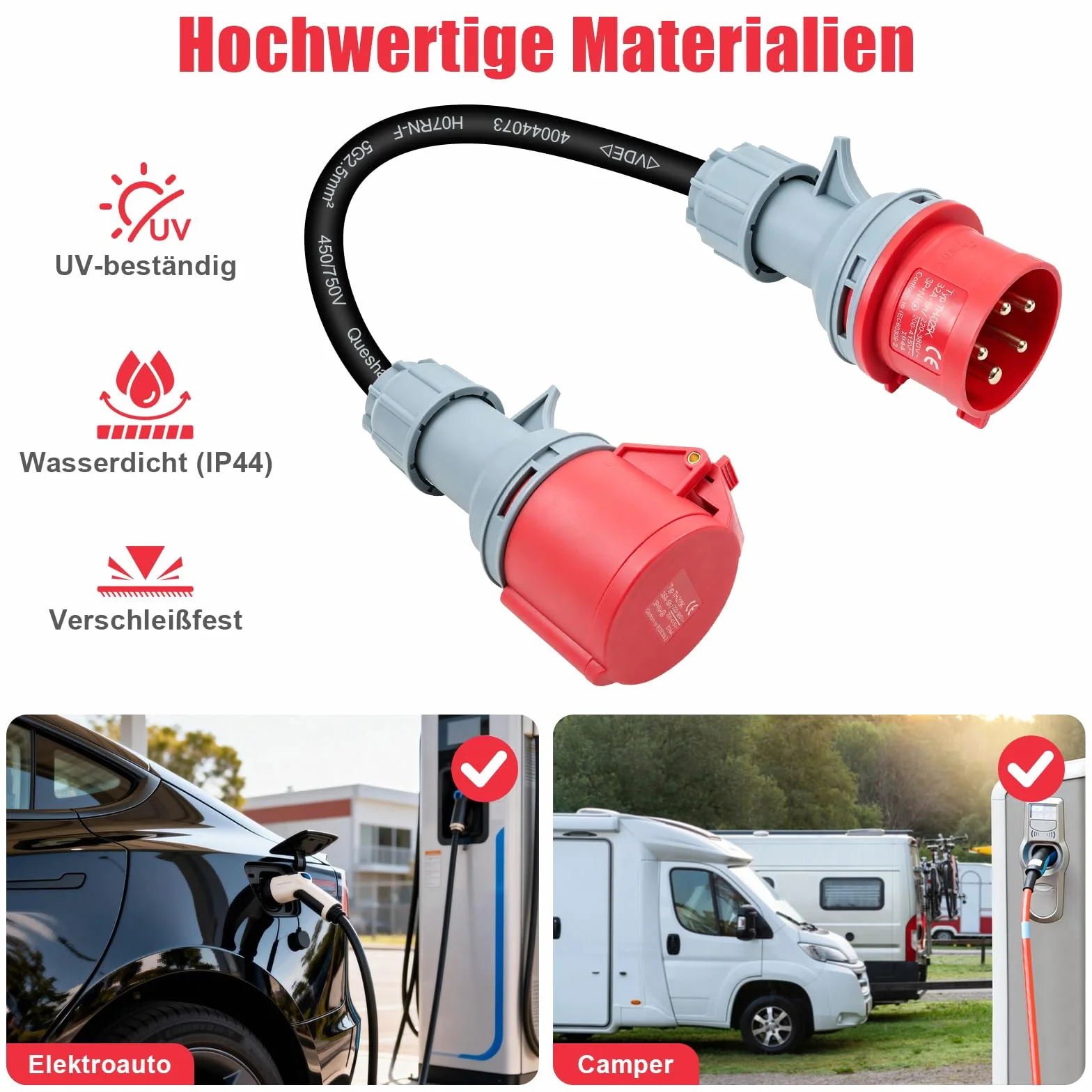 Adapter CEE 32 A wtyczka na złącze 16 A, 3-fazowy adapter prądu silnego, kabel VED, 5-rdzeniowy rdzeń z mosiądzu, 5 x 2,5 mm², kabel zasilający 415 V maks. IP44, 32 A na 16 A, odpowiedni do przemysłu