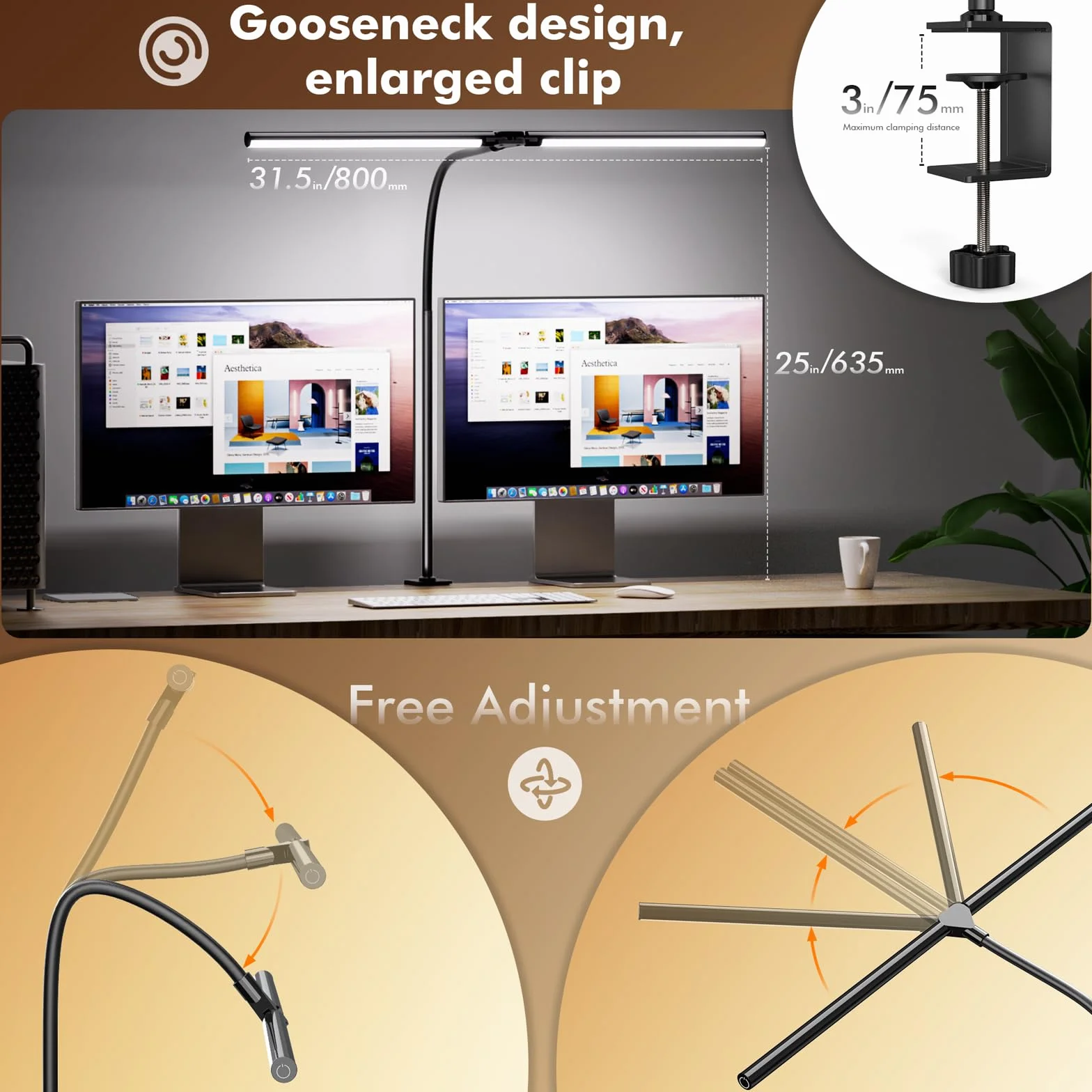Quntis LED Lampa biurkowa 80cm, podwójnie składany niebieski pasek świetlny, mocna regulowana lampa do ekranu komputera, architektoniczna lampa stołowa do czytania, komputerowy pasek świetlny 15W