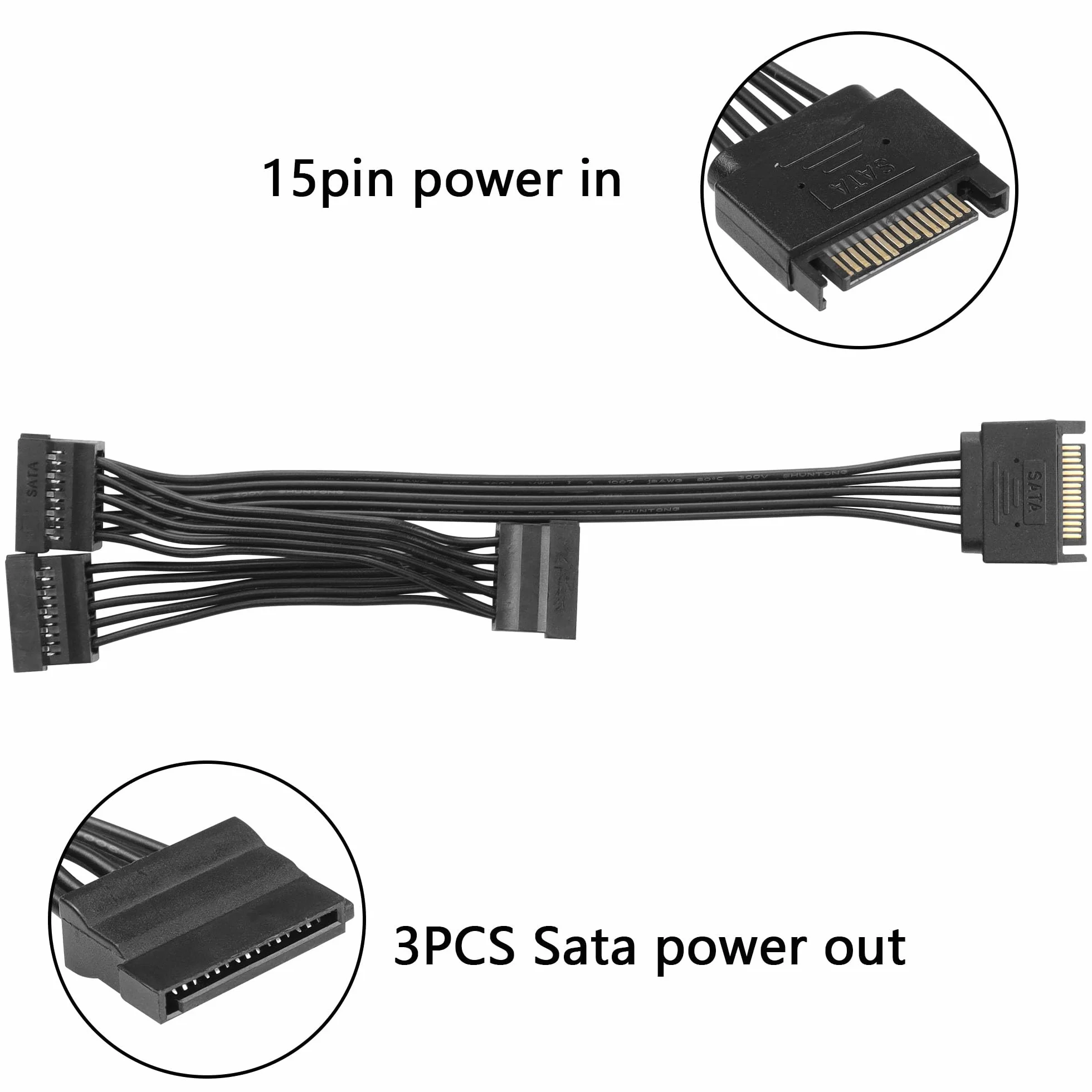 SinLoon 15-Biegunowy Kabel Rozdzielający SATA-Power, 15-Stykowy Kabel Szeregowy Do 3 SATA
