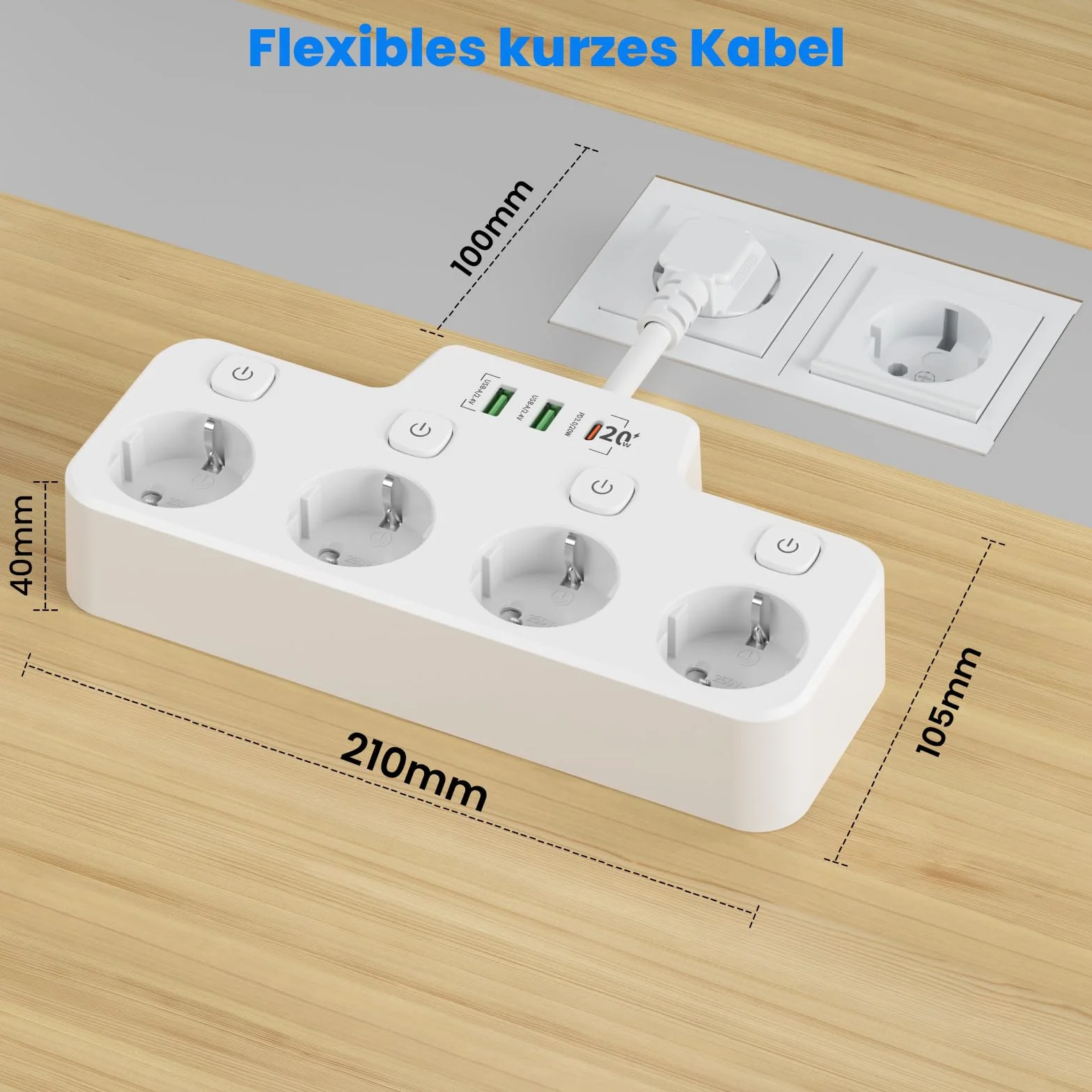 Listwa Zasilająca USB C PD 20W 4 Gniazda z Przełącznikiem Biały Kabel 0.15m