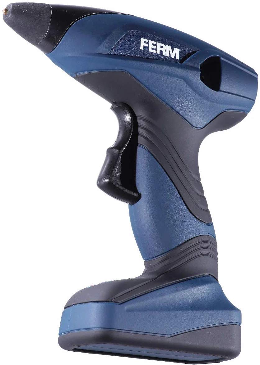 FERM GGM1003 pistolet do szybkiego podgrzewania litowo-jonowego 1,5 Ah z 3 patyczkami klejowymi i ładowarką, 7,2 V, niebieski