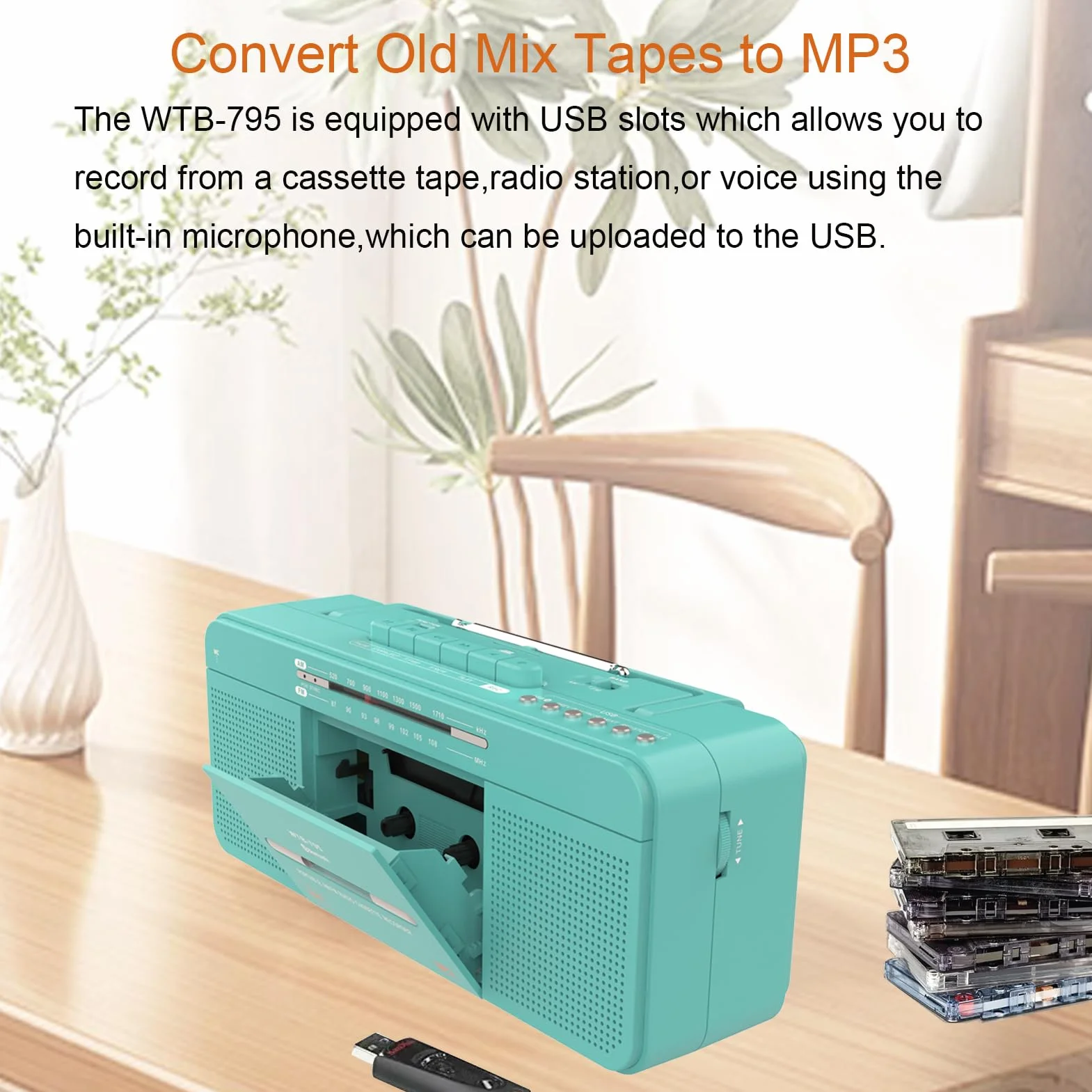 WISCENT Odtwarzacz kasetowy USB Bluetooth AM/FM Radio stereo, konwerter na MP3, głośniki 3", przenośny