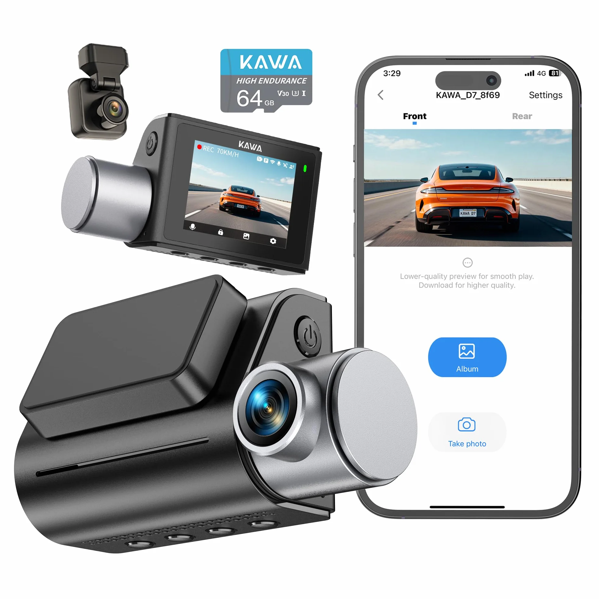 4K Dashcam przednia i tylna kamera, sterowanie głosem, 64GB karta, Wi-Fi 6, GPS, ekran IPS 5 cm, NightEagle, tryb parkowania 24h