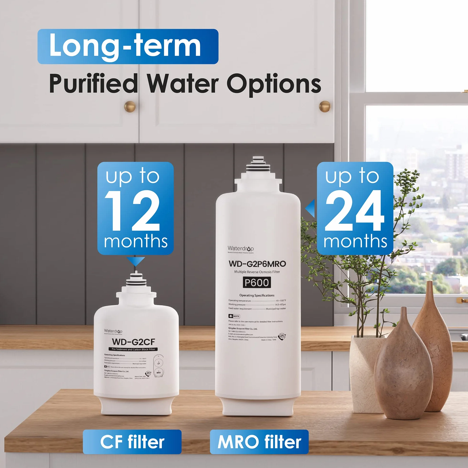 Waterdrop RO System Filtracji Wody z Odwróconą Osmozą, 2271 Litrów, Czysty do Odpływu 2:1, Bezzbiornikowy, Inteligentny Panel, Kompozytowy Wielostopniowy, Atest FCC, USA Tech, Kran na Bazie Szczotkowanego Niklu, WD-G2P600-W