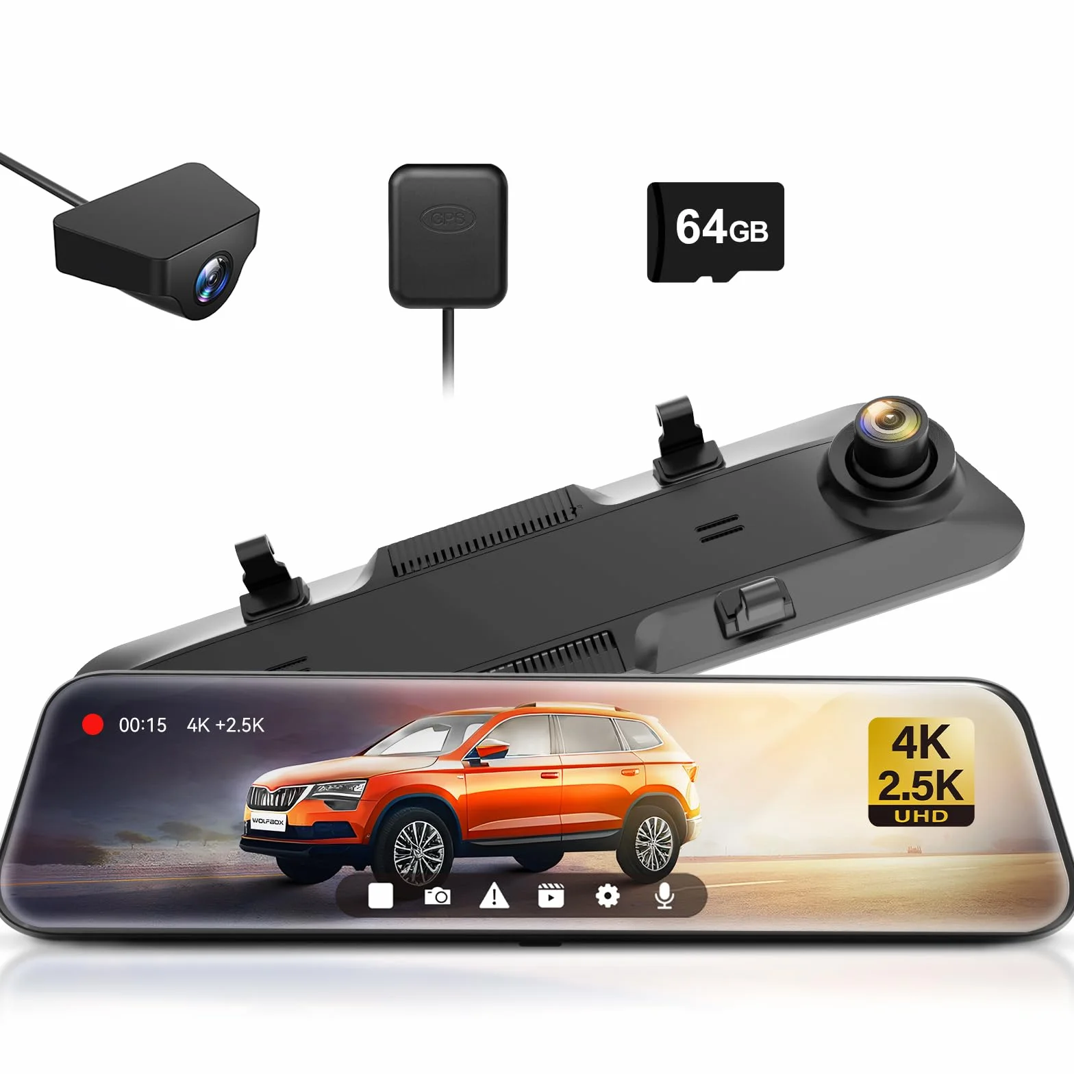 WOLFBOX Dashcam 4K + 2,5K für Rückspiegel 12 Zoll Bildschirm WDR Nachtsicht 64GB GPS
