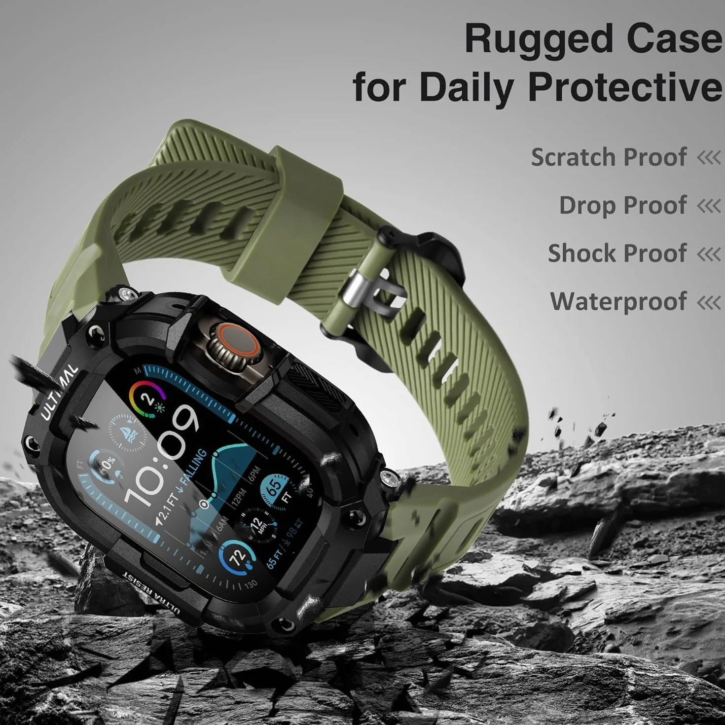 Etui ochronne ULTIMAL z paskiem do Apple Watch Ultra 49mm, wojskowy bumper, zielony