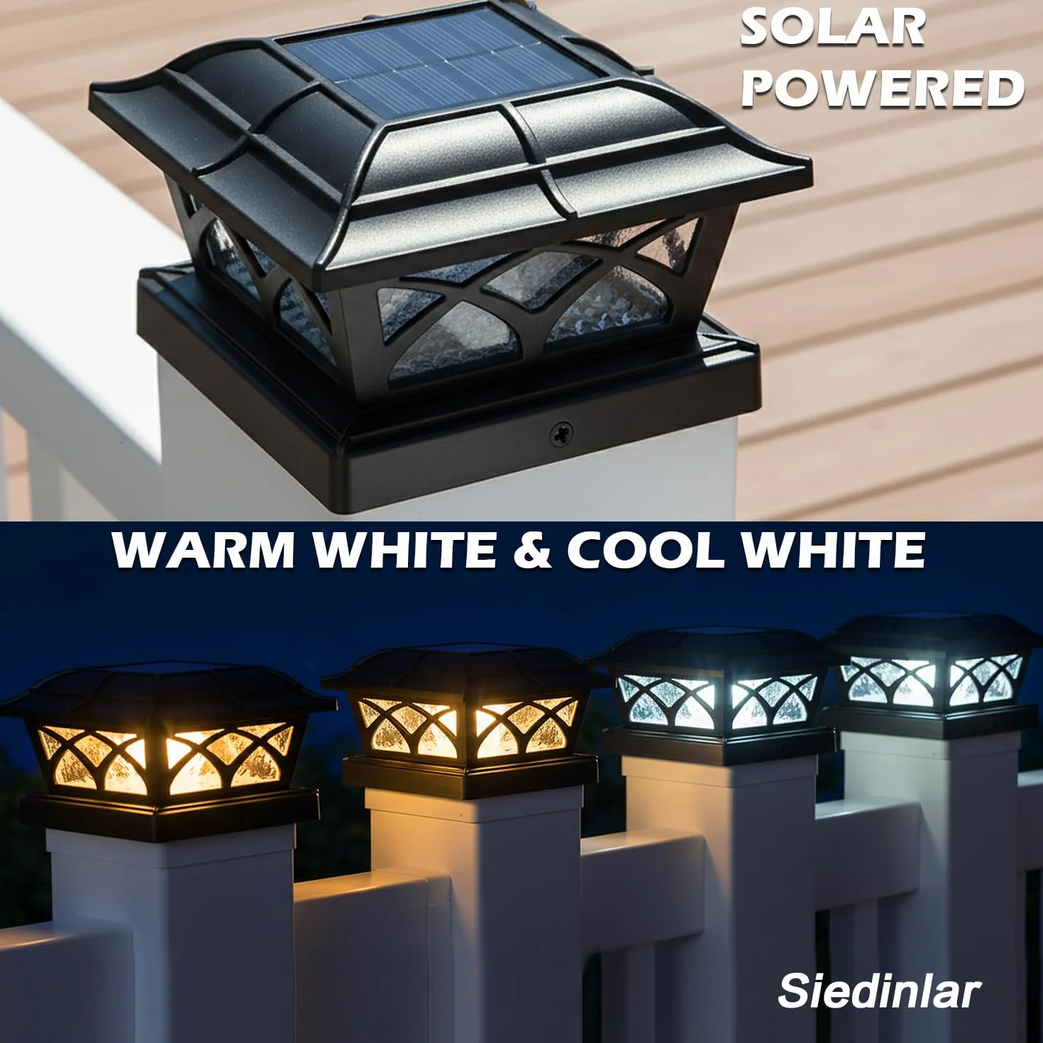 Siedinlar Solarne lampki na słupki zewnętrzne, 2 tryby zasilane energią słoneczną, wodoodporne oświetlenie tarasowe do słupków ogrodowych na patio 4 x 4, 5 x 5, 6 x 6, dekoracja na patio, ciepła biel i zimna biel, czarna (4 sztuki)