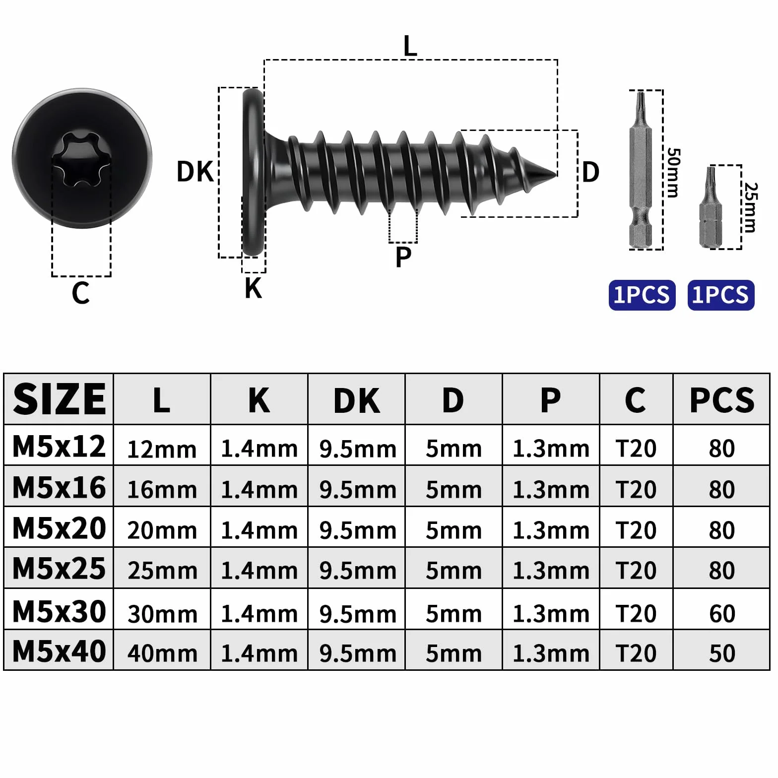 Wkręty do drewna M5 x 40 mm, stal nierdzewna, 50 sztuk, wkręty samogwintujące Torx, czarne, śruby ze stali nierdzewnej, wkręty do drewna, wkręty z płaskim łbem