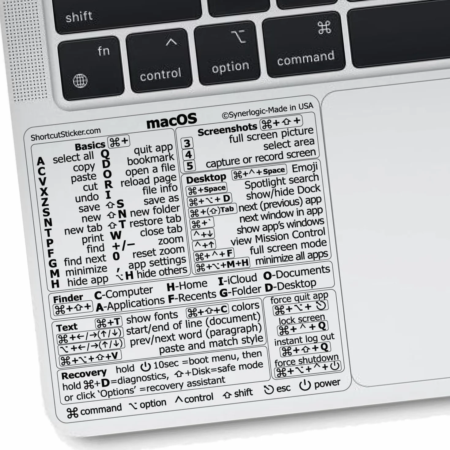 Synerlogic Naklejka ze skrótami klawiatury Mac OS, laminowana winylowa do MacBooka, przezroczysta czarna