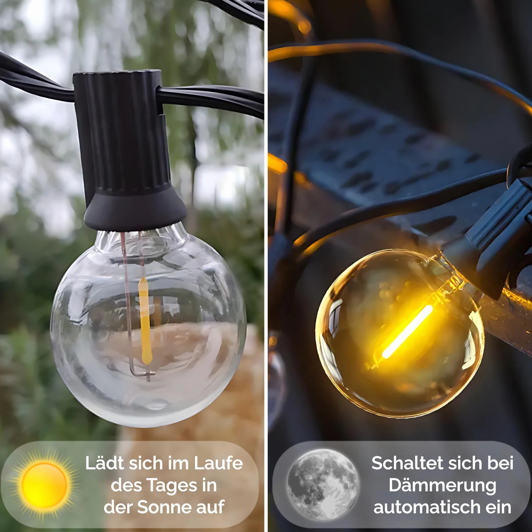 Lumiled Solarny łańcuch świetlny na zewnątrz 20 + 2 żarówki zapasowe x G40 LED 10,55 M z pilotem Solarny łańcuch świetlny Oświetlenie ogrodowe na zewnątrz IP44 Ciepła biel 2700K Żarówki 8 trybów pracy
