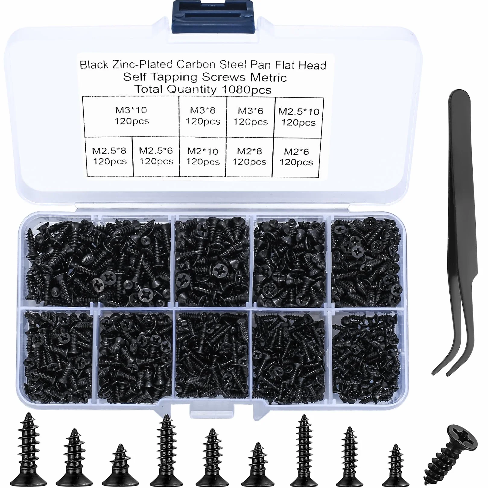 1080 sztuk małych wkrętów samogwintujących M2/M2.5/M3, 6 mm/8 mm/10 mm, z łbem płaskim, krzyżakowym, do blachy, zestaw do urządzeń biurowych, mebli drewnianych, czarne, 1080 szt