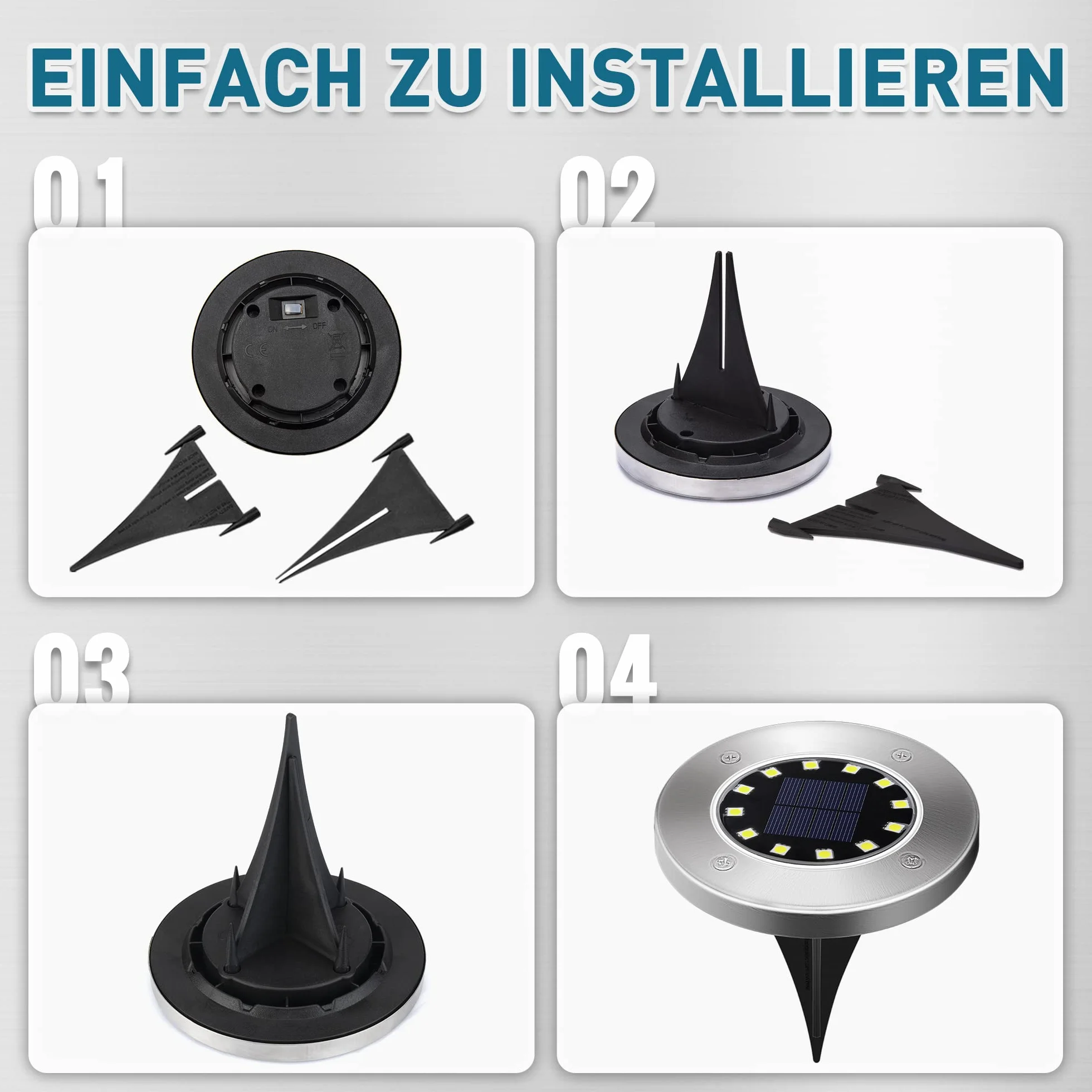 Solpex Zestaw 8 sztuk solarnych lamp gruntowych do ogrodu, 12 diod LED, białe, ze stali nierdzewnej, wodoszczelne, na taras, trawnik, podwórko, chodnik