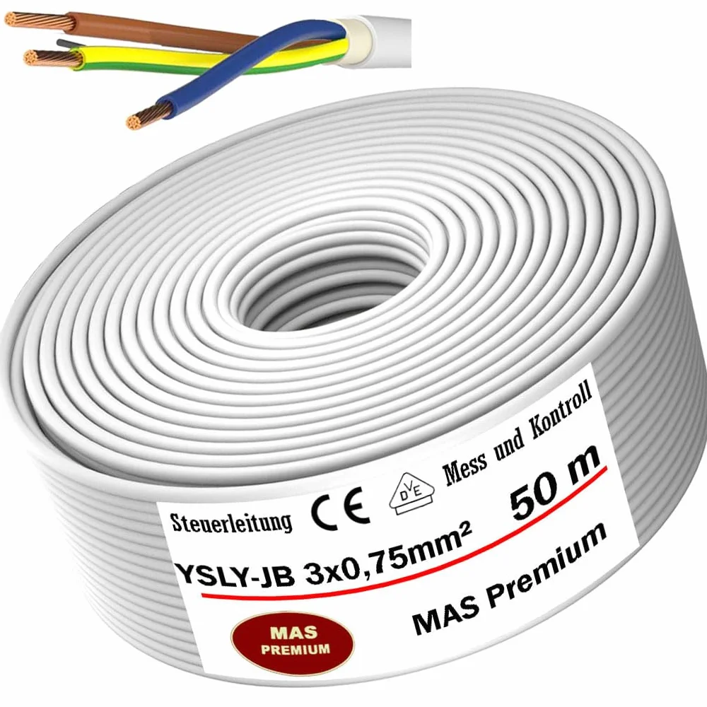 YSLY-JB 3 x 0,75 mm², elastyczny kabel sterujący, szary, do układania, przewód pomiarowy, kontrolny i regulacyjny do obrabiarek, przewód sterujący (50 m)