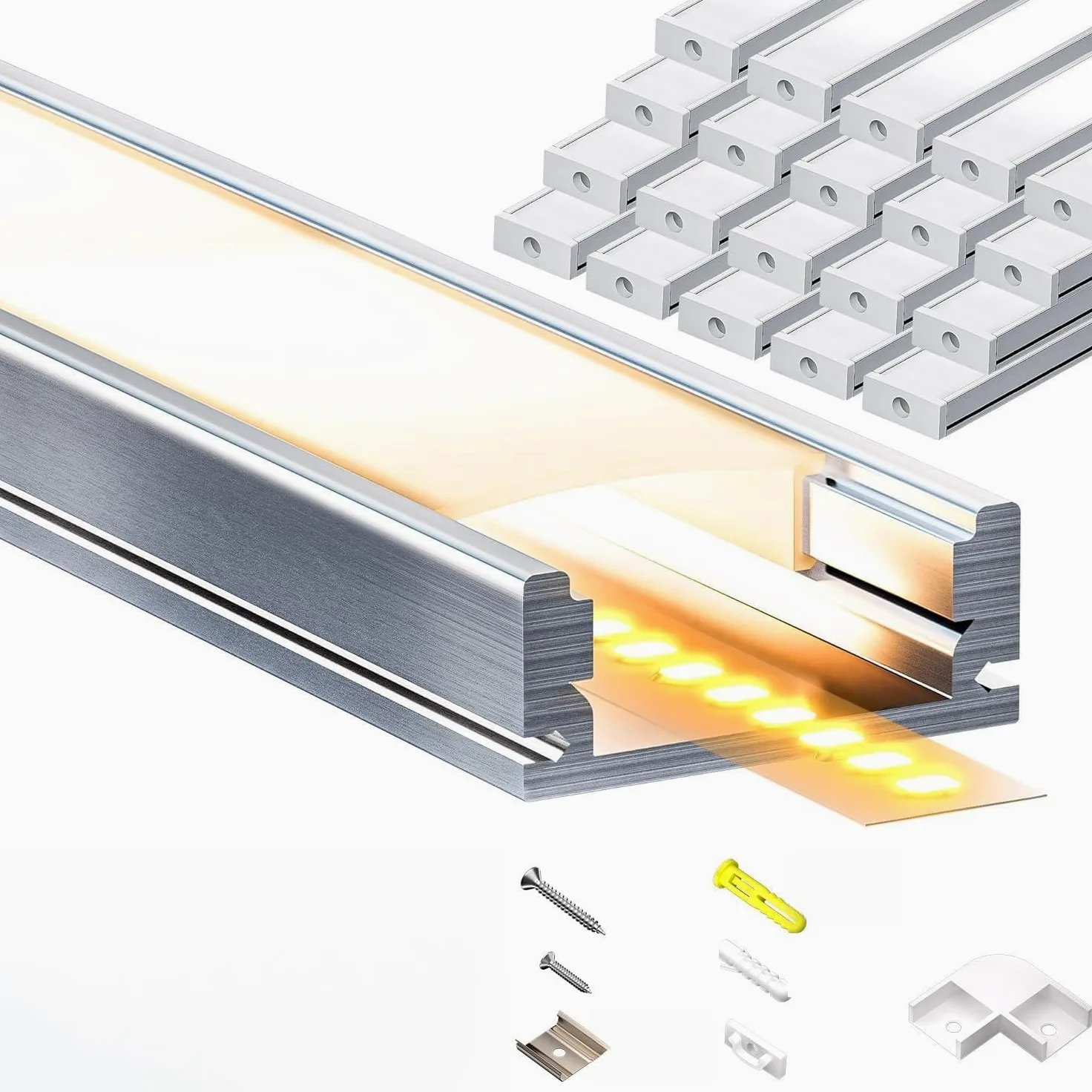 Profil LED, szeroki, aluminiowy kanał 20 x 2 m, 40 m, aluminiowy profesjonalny pasek do taśm LED, taśma LED z mleczną bielą, materiał montażowy do taśm LED, dł. 2000 x 17,4 x 7 mm