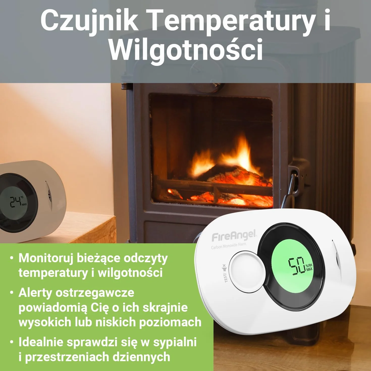 Fire Angel FA3322 Cyfrowy Czujnik Czadu - Czujnik Wilgotności, Baterią na 10 Lat – Przenośna Czujka Czadu i Detektor Ciepła do Domu i w Podróży