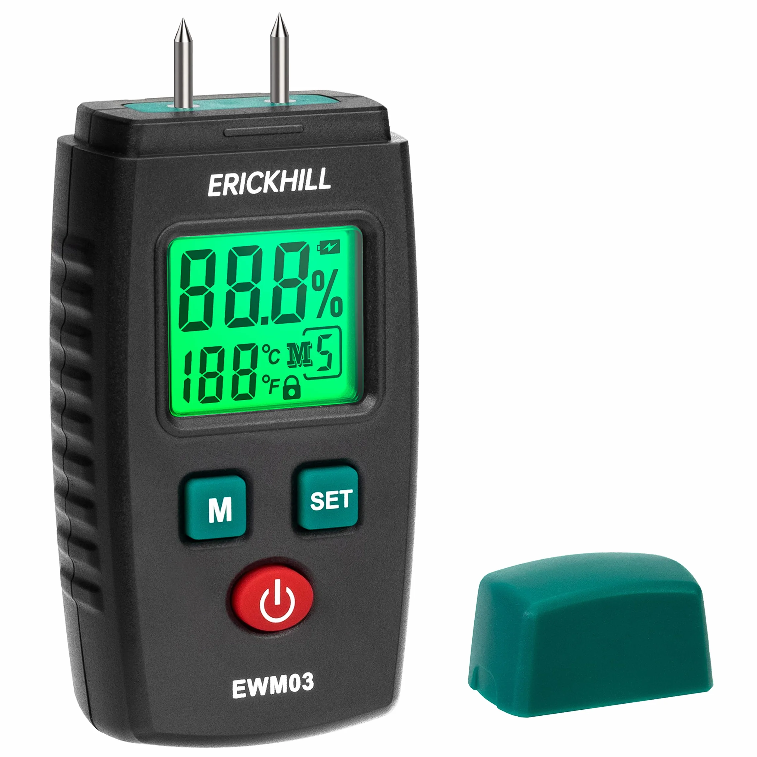 ERICKHILL EWM03 miernik wilgotności drewna z 5 trybami, wyświetlacz LCD z zielonym podświetleniem, detektor pleśni drewna i materiałów budowlanych.