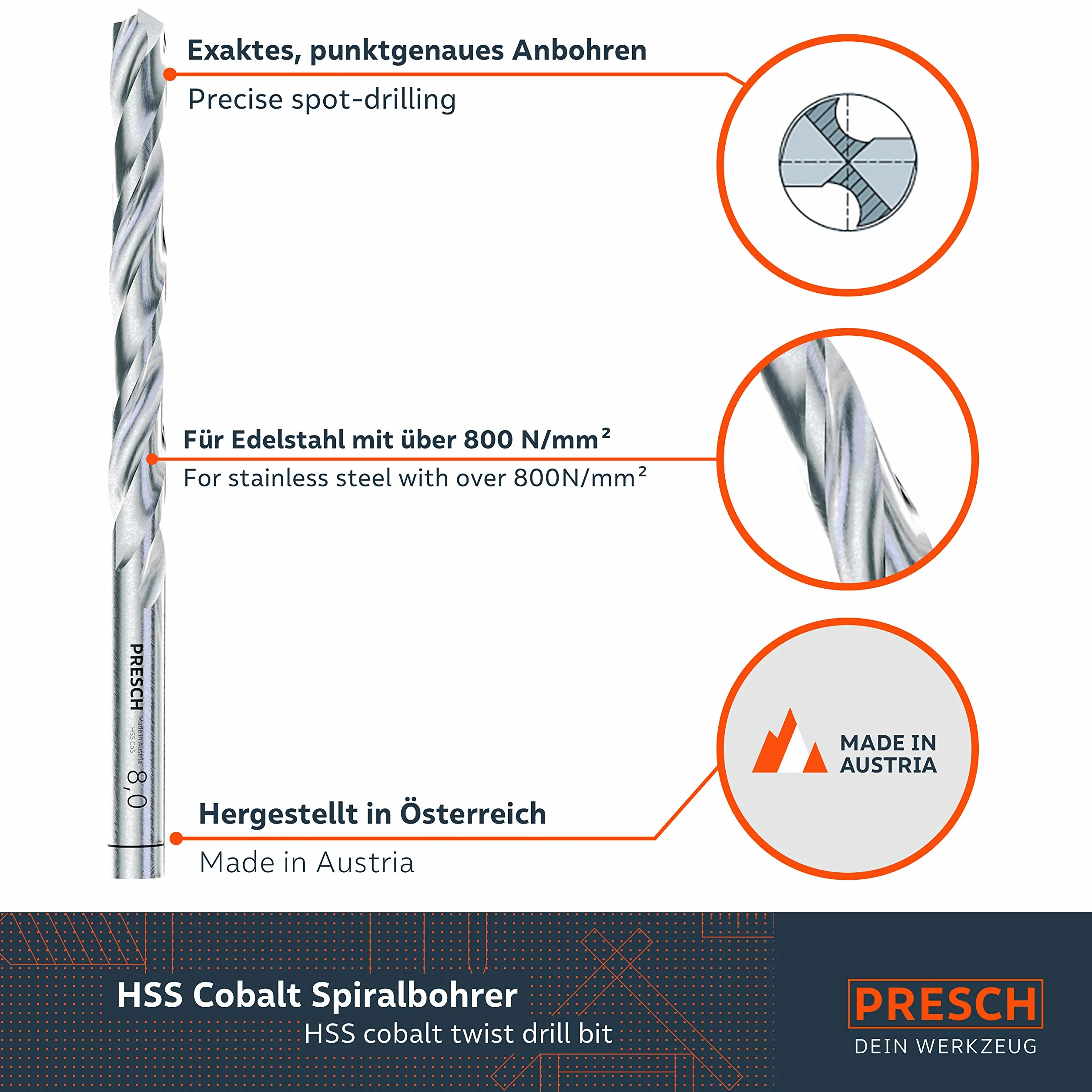 Presch Zestaw wierteł do metalu HSS Kobaltowych 19 szt. - Zestaw hartowanych wierteł samocentrujących do stali nierdzewnej - Wiertła HSS do metalu, stali, żelaza - Wiertła Pro HSS Stal - Ø 1-10 mm