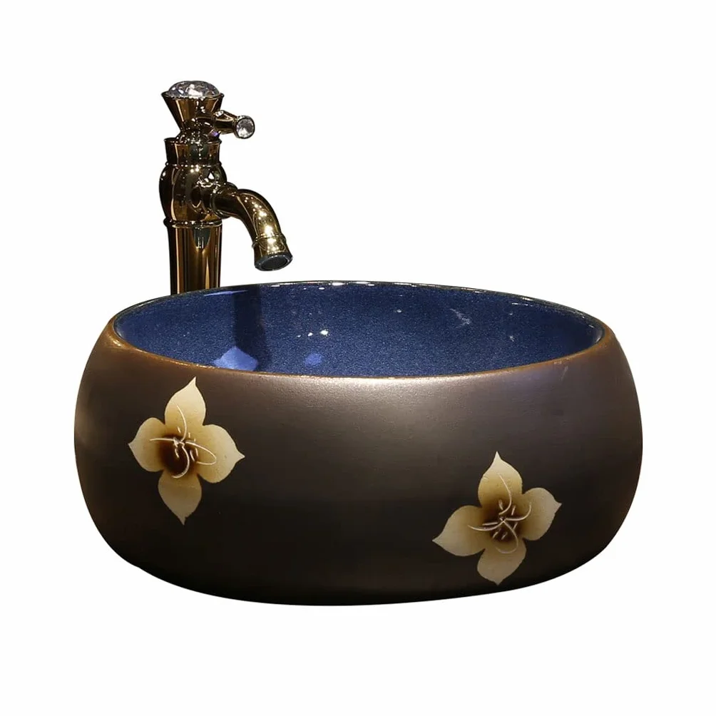 Umywalka wpuszczana do łazienki Łazienka umywalka umywalka kwiatowa ceramiczna umywalka sztuka vintage nablatowa umywalka umywalka nablatowa z kranem Umywalki łazienkowe