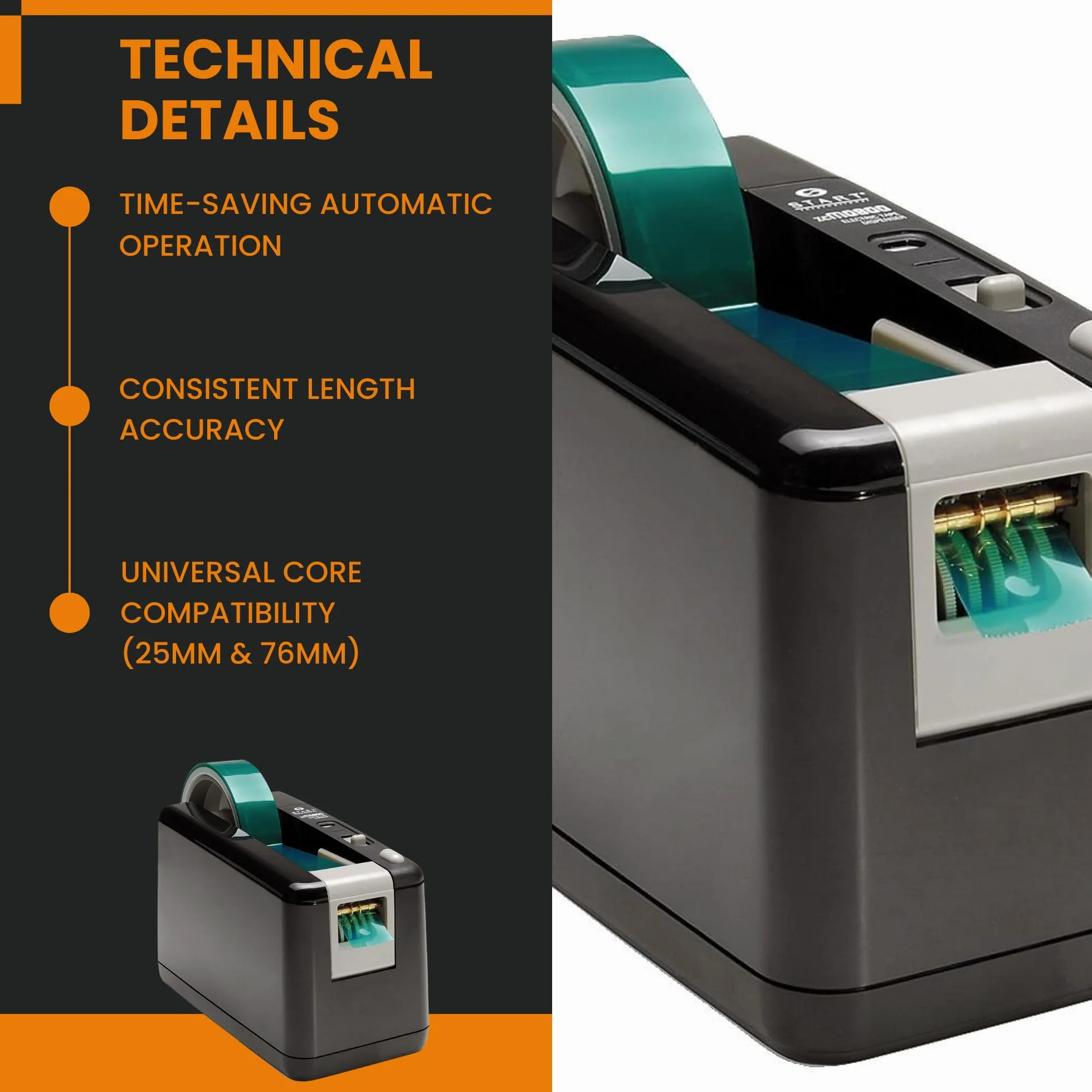 ZCM0800-WT-EU elektryczny dozownik taśmy na baterie, maks. szerokość taśmy 25 mm, 3 wstępnie ustawione długości cięcia, czarny