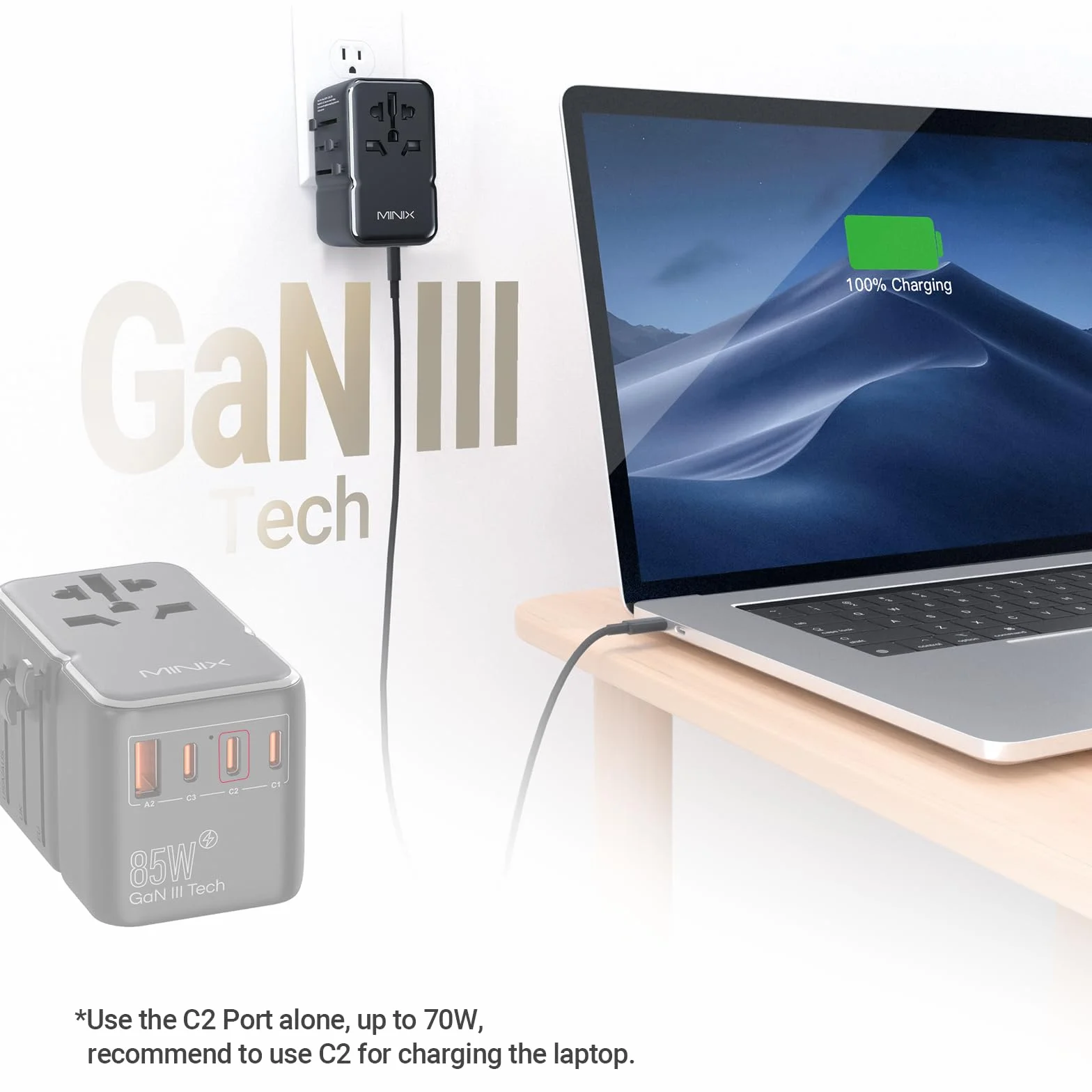 MINIX Uniwersalny adapter podróżny, międzynarodowy zasilacz 85 W GaN III, 3 porty USB-C, 2 porty USB-A, gniazdo AC, ładowarka podróżna na całym świecie do laptopów, tabletów, telefonów i innych.