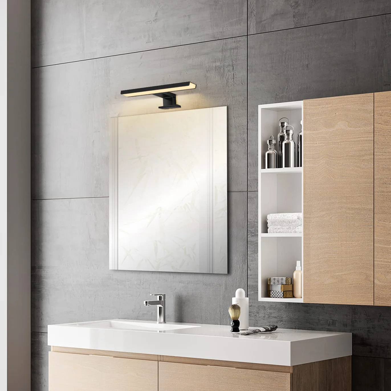 ERWEY 2 w 1 LED lampa nad lustro, 30 cm, IP44, łazienkowa, do makijażu, 230 V, światło do szafy, ciepła biel, zabudowy, zaciskowa, ścienna (czarna)