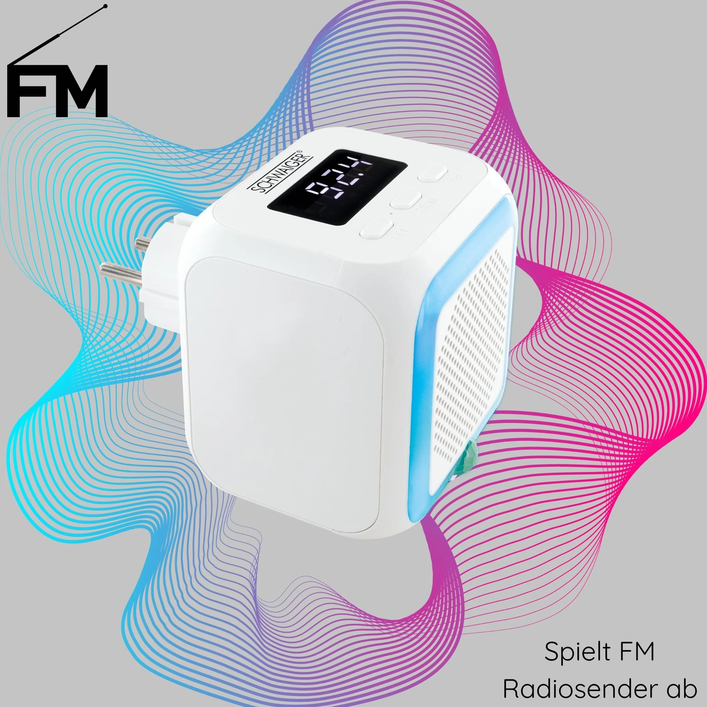 SCHWAIGER Socket Radio Budzik FM Bluetooth Czujnik ruchu Lampka nocna Wyświetlacz Mini Łazienka Kuchnia Sypialnia
