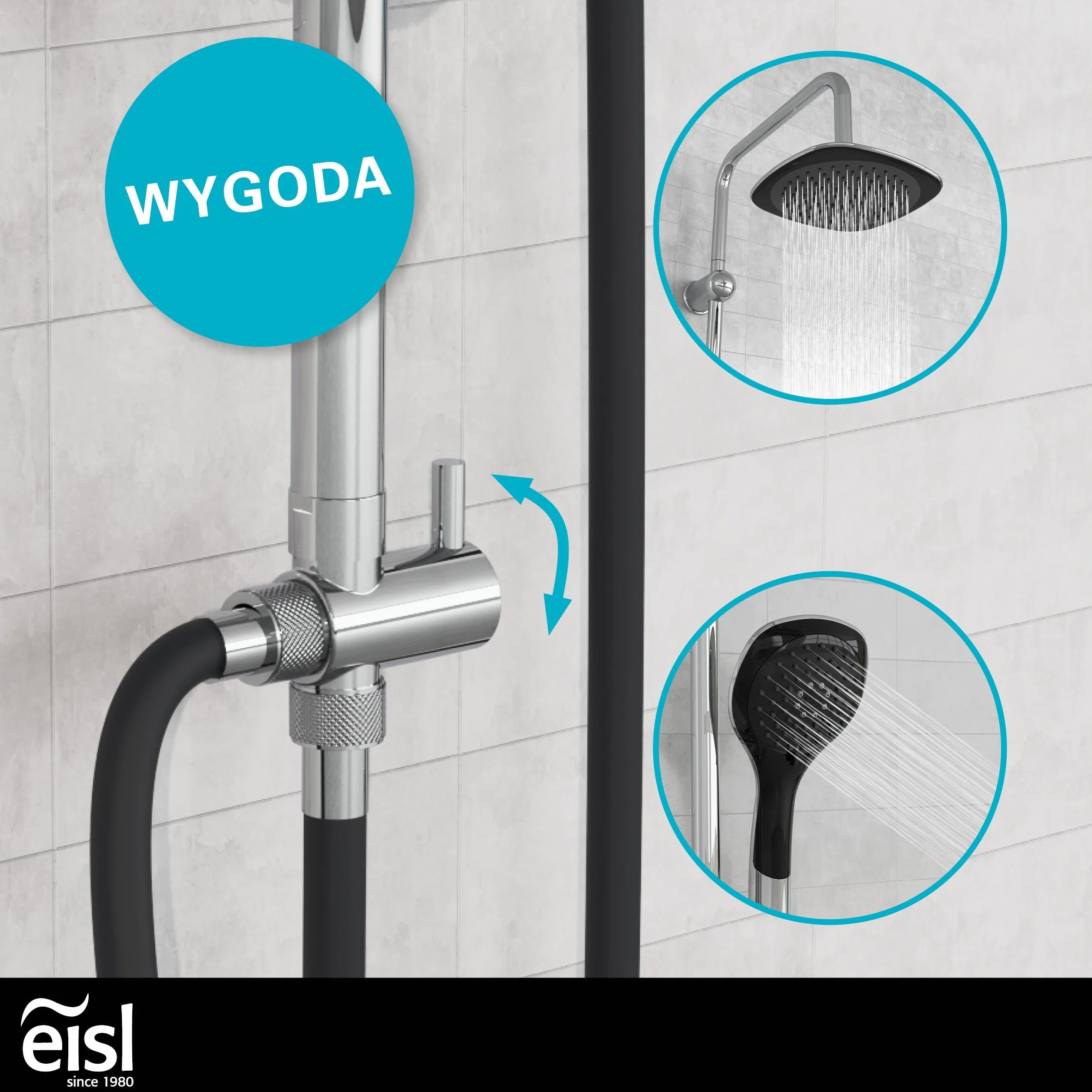 EISL Zestaw prysznicowy kolumna prysznicowa z deszczownicą 200 x 200 mm i słuchawką prysznicową, deszczownicą z uchwytem ściennym, DXLD60088CS, chrom/czarny