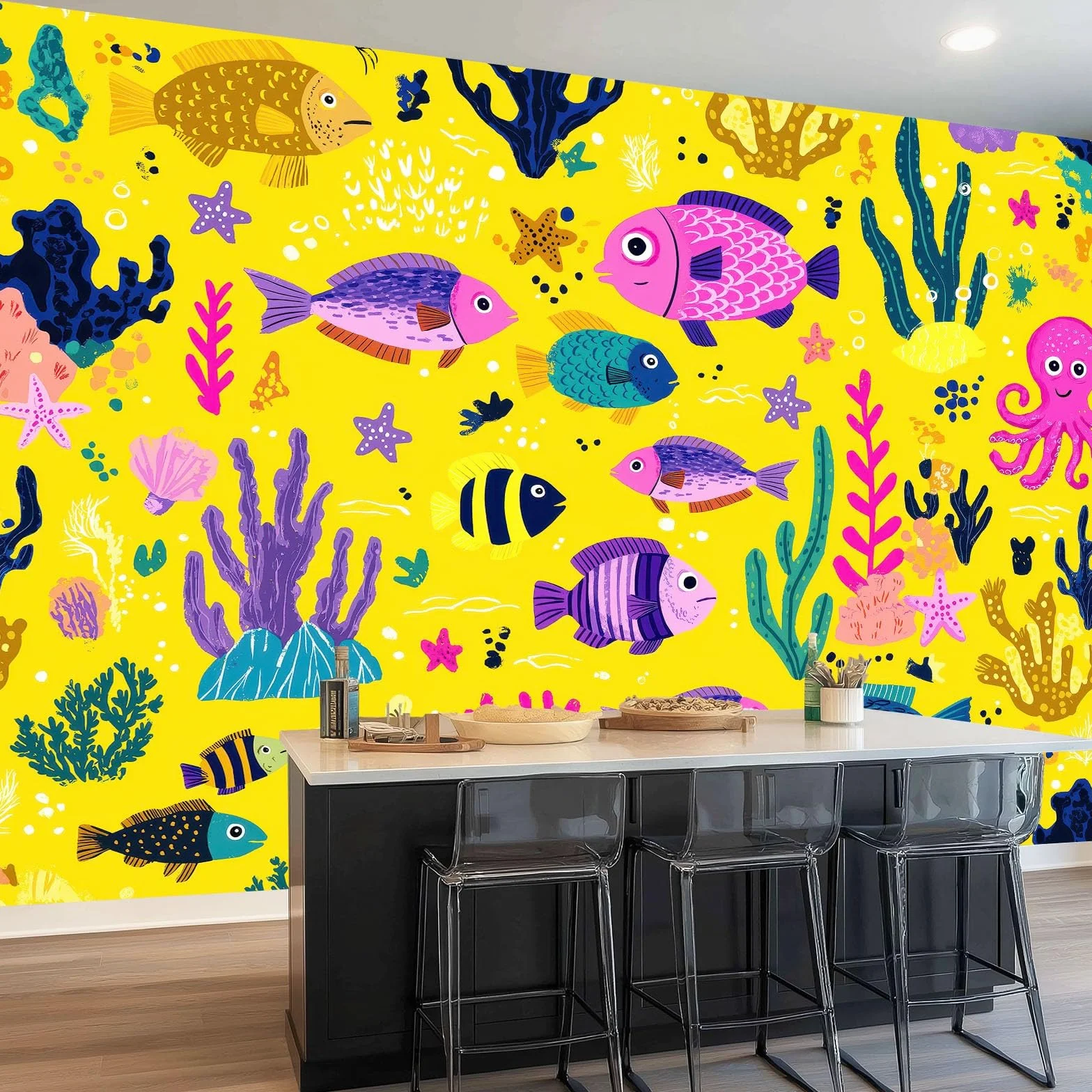 Zabawa dziecięca Rozgwiazda Rozgwiazda Fish Tynk Fototapeta Moda Mural Dekoracja ścienna 400 x 280 cm Gigantyczny plakat Projekt Papier ścienny Żółty