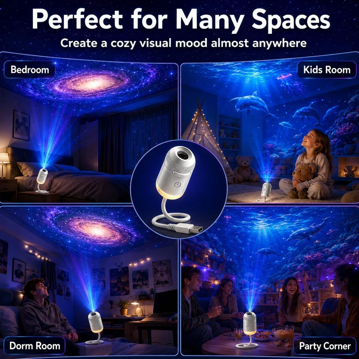 LMIX Galaxy, projektor nocny, 2 w 1, holograficzna gwiazda 5D, projektor Plug and Play, HD, gwiazda, inteligentne, dynamiczne projektory sufitowe, lampa 360°, kosmiczne gwiaździste niebo, projekcja