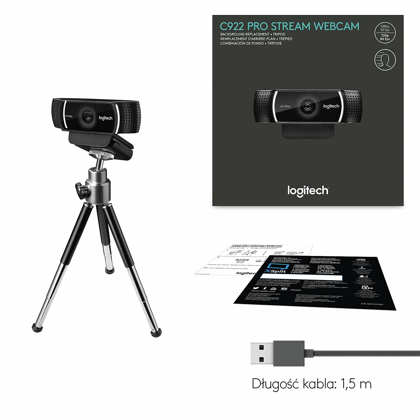 Logitech C922 Pro Stream kamera internetowa 1080P Full HD, podwójny mikrofon stereo, Czarny
