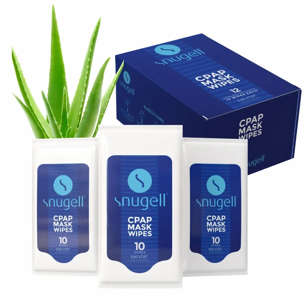 CPAP Maskenwischtücher 12 Reisepackungen von Snugell | 12 wiederverschließbare Beutel mit je 10 Blatt | geruchlos 100% weiche Baumwolle | hautfreundlich mit Aloe Vera | schnell & einfach zu öffnende Beutel | saubere CPAP-Maske und Geräte |