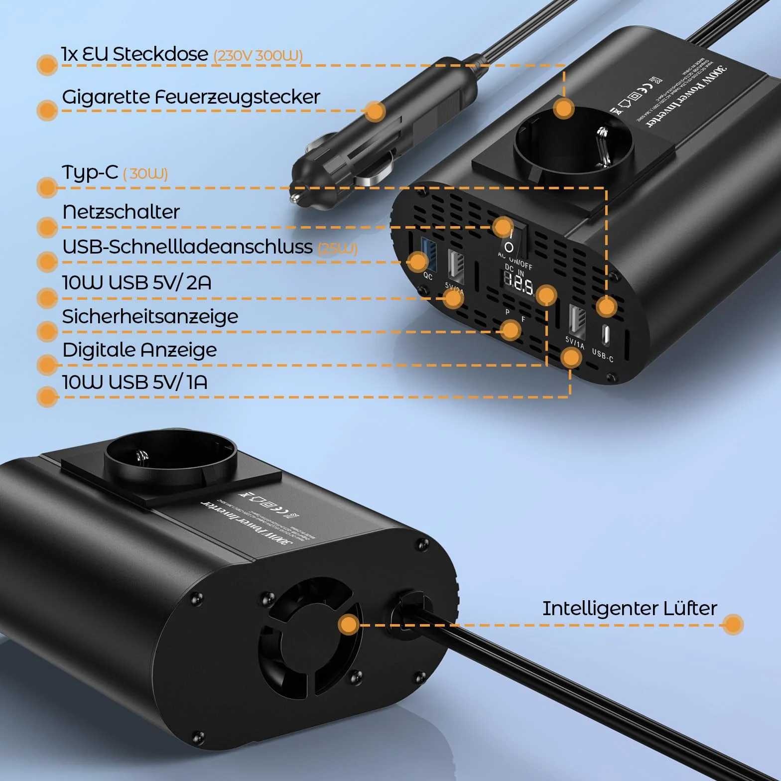 Konwerter 12V 220V 300W z 1 gniazdem Typ C 30W, 3 porty USB, wyświetlacz LED