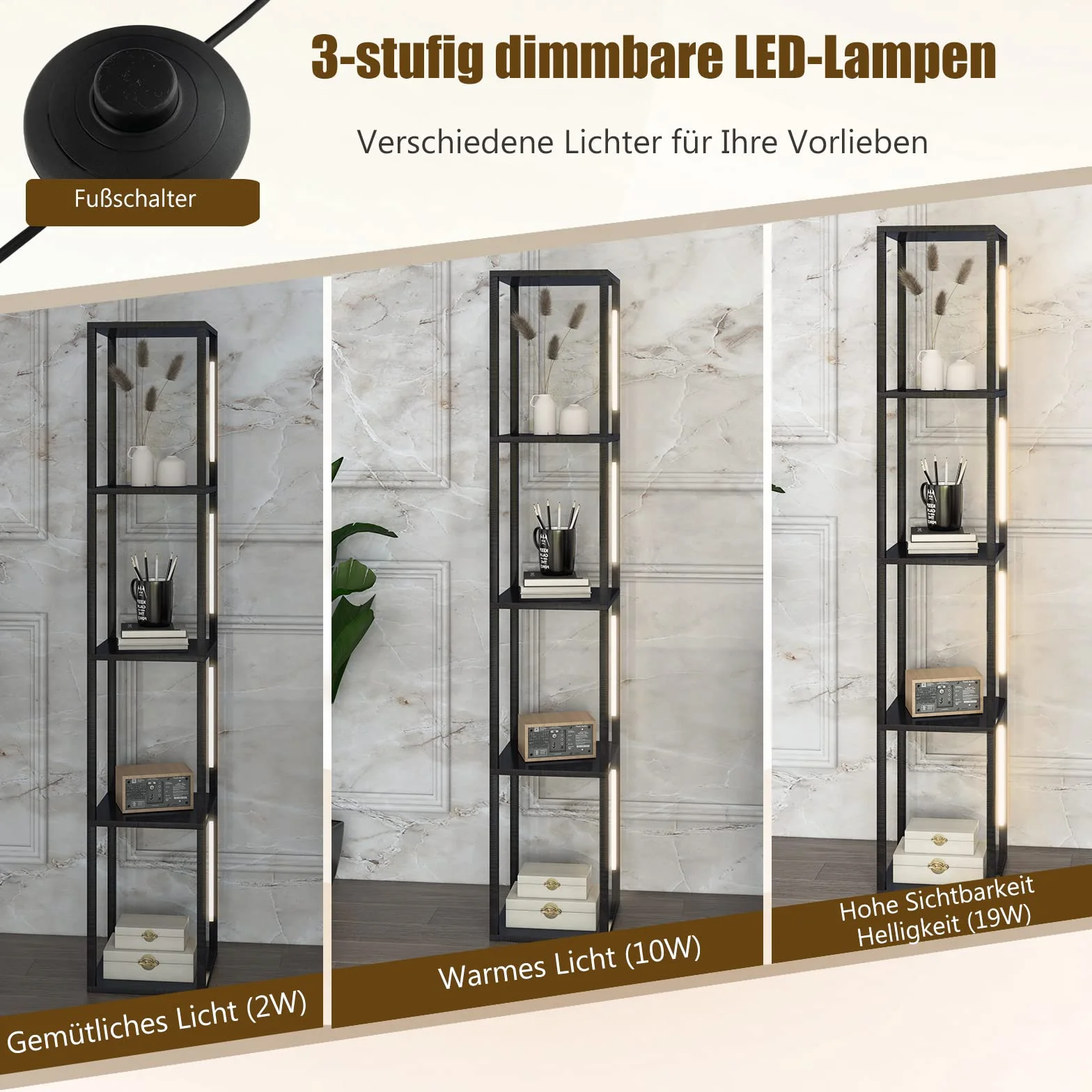 COSTWAY Lampa stojąca 163 cm, nowoczesna, regał do odkładania z 3-stopniowymi ściemnianymi diodami LED i obrotowymi drążkami, lampa stojąca z przełącznikiem nożnym do salonu, sypialni, czarna