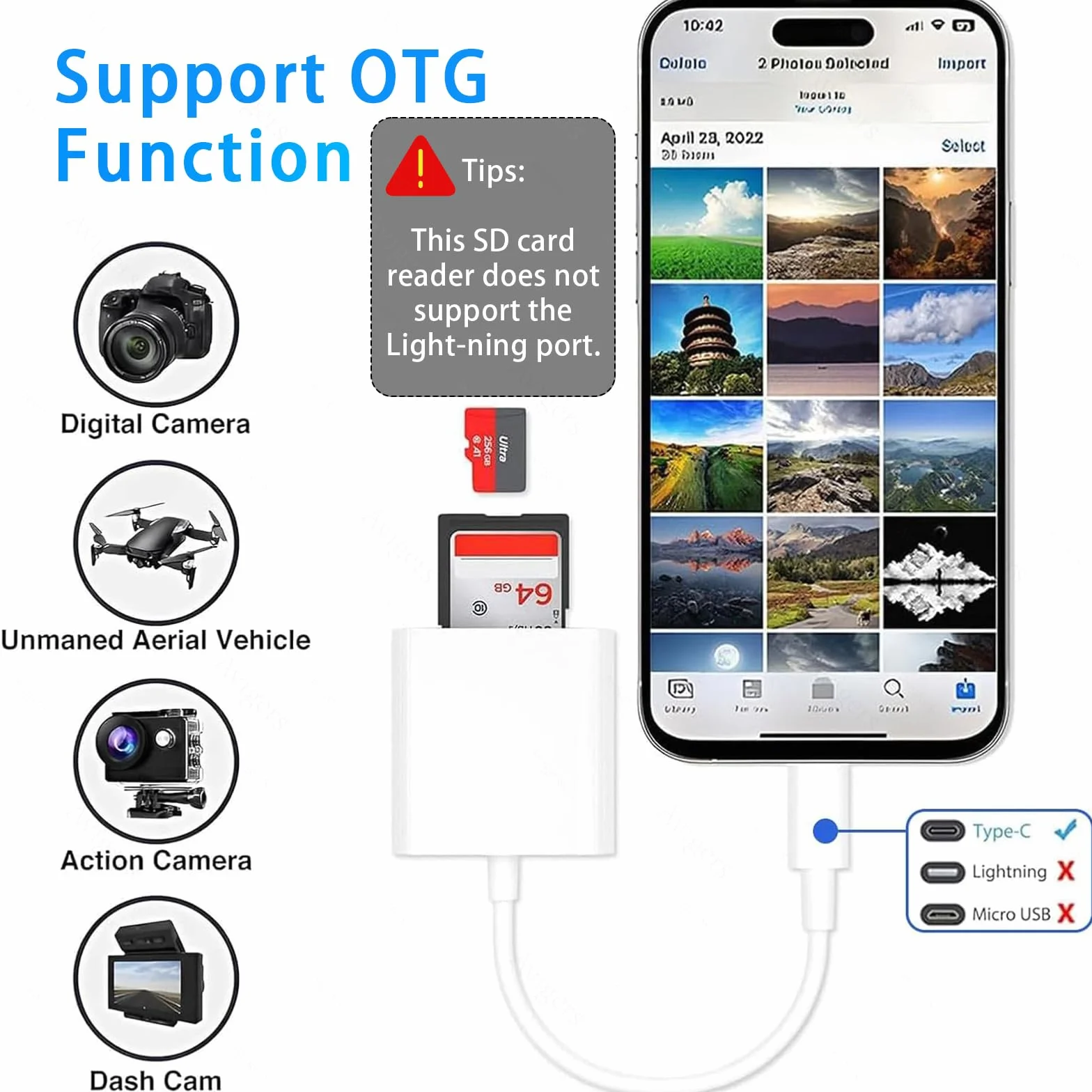 Czytnik kart SD USB C dla iPhone 15/16/17 iPad MacBook Mac Kamera, 2 sloty SD i MicroSD