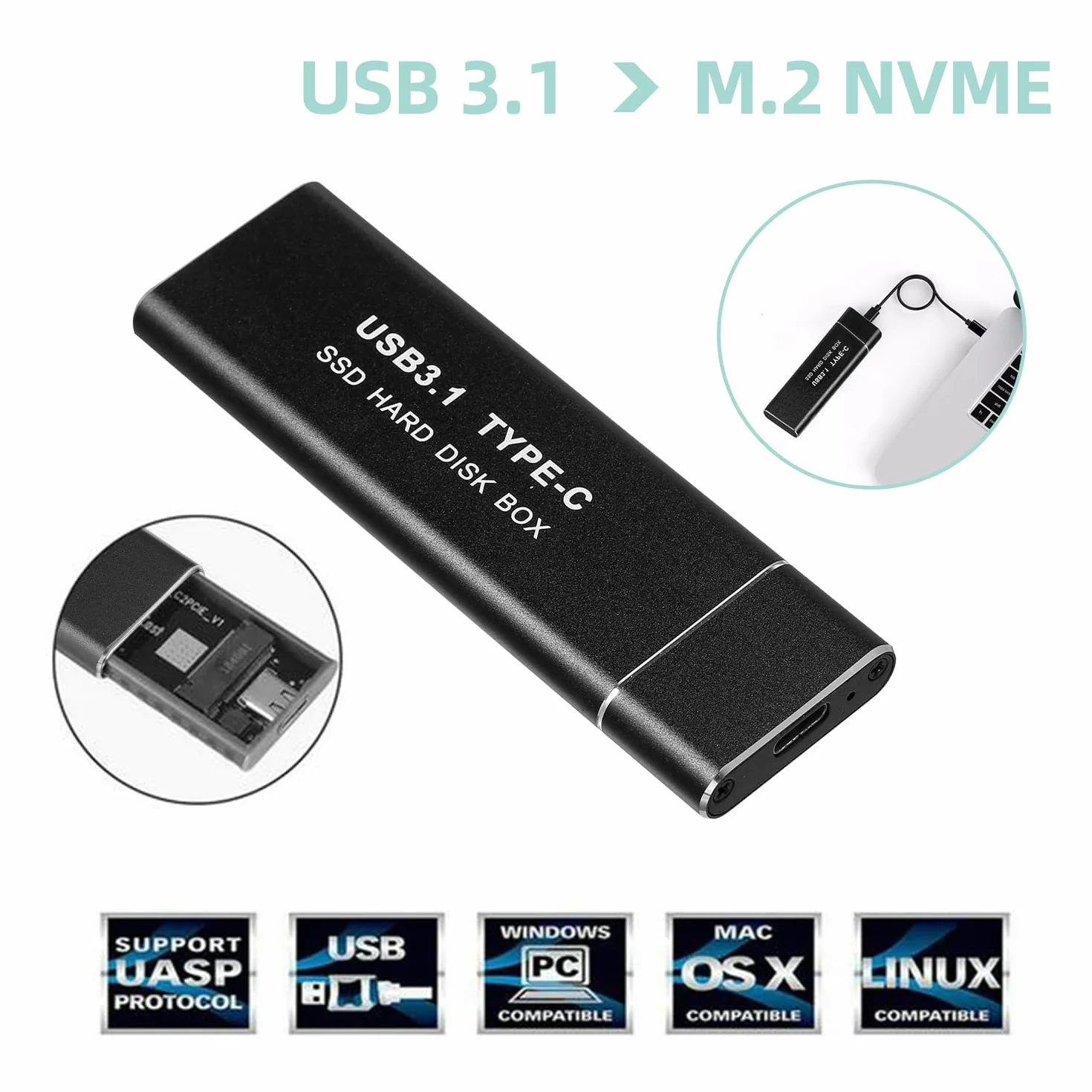 Obudowa NVMe SSD USB C 3.1 Gen2 10 Gbps PCIe M.2 2230/2242/2260/2280 M-Key UASP-M2PV
