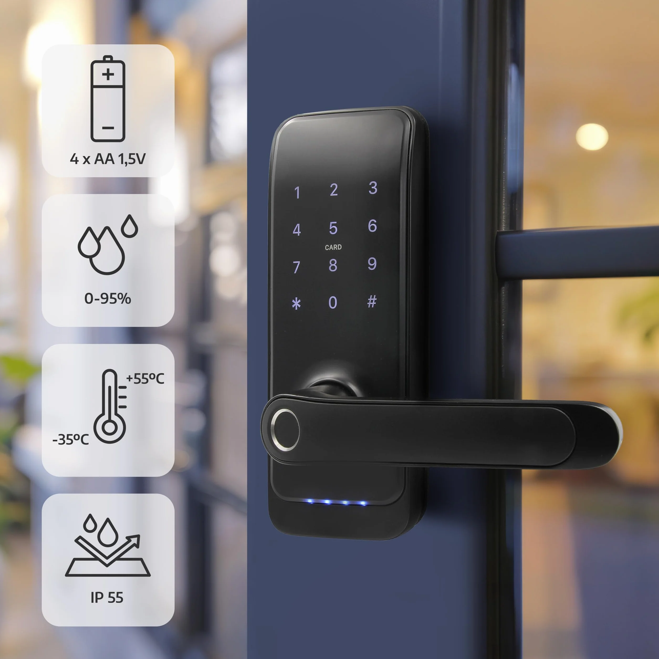 EURA ELH-01H4 inteligentny zamek do drzwi z uchwytem, zamek kodowy, czytnik zbliżeniowy 13,56 MHz, czytnik biometryczny, aplikacja TTLock/TTHotel, IP65, uniwersalny odstęp rygli, czarny