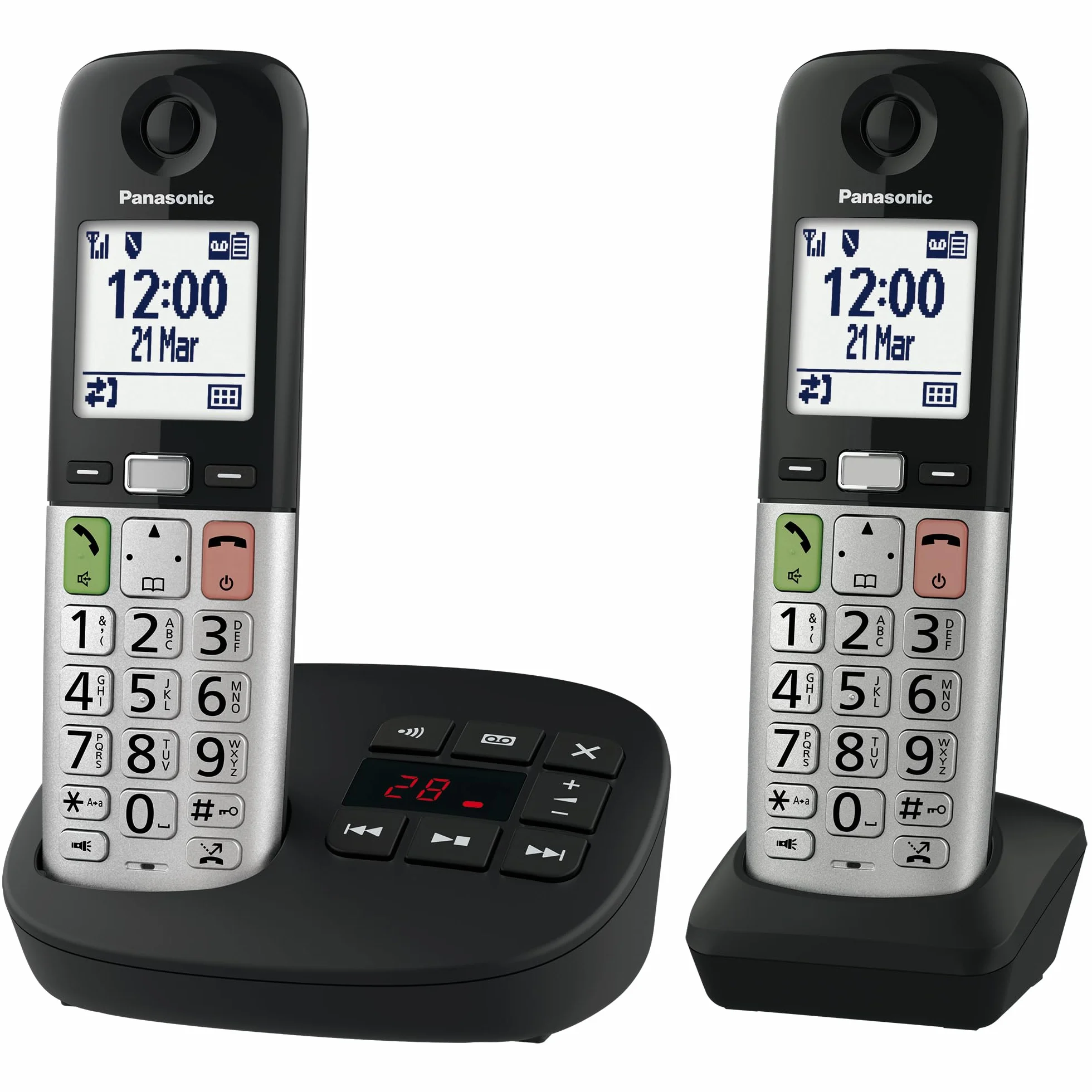 Panasonic KX-TGU432EXB Bezprzewodowy cyfrowy telefon z automatyczną sekretarką, wzmocnioną głośnością, jednostką podstawową i 2 słuchawkami, wyświetlaczem LCD, latarką, kompatybilną ze słuchawkami,