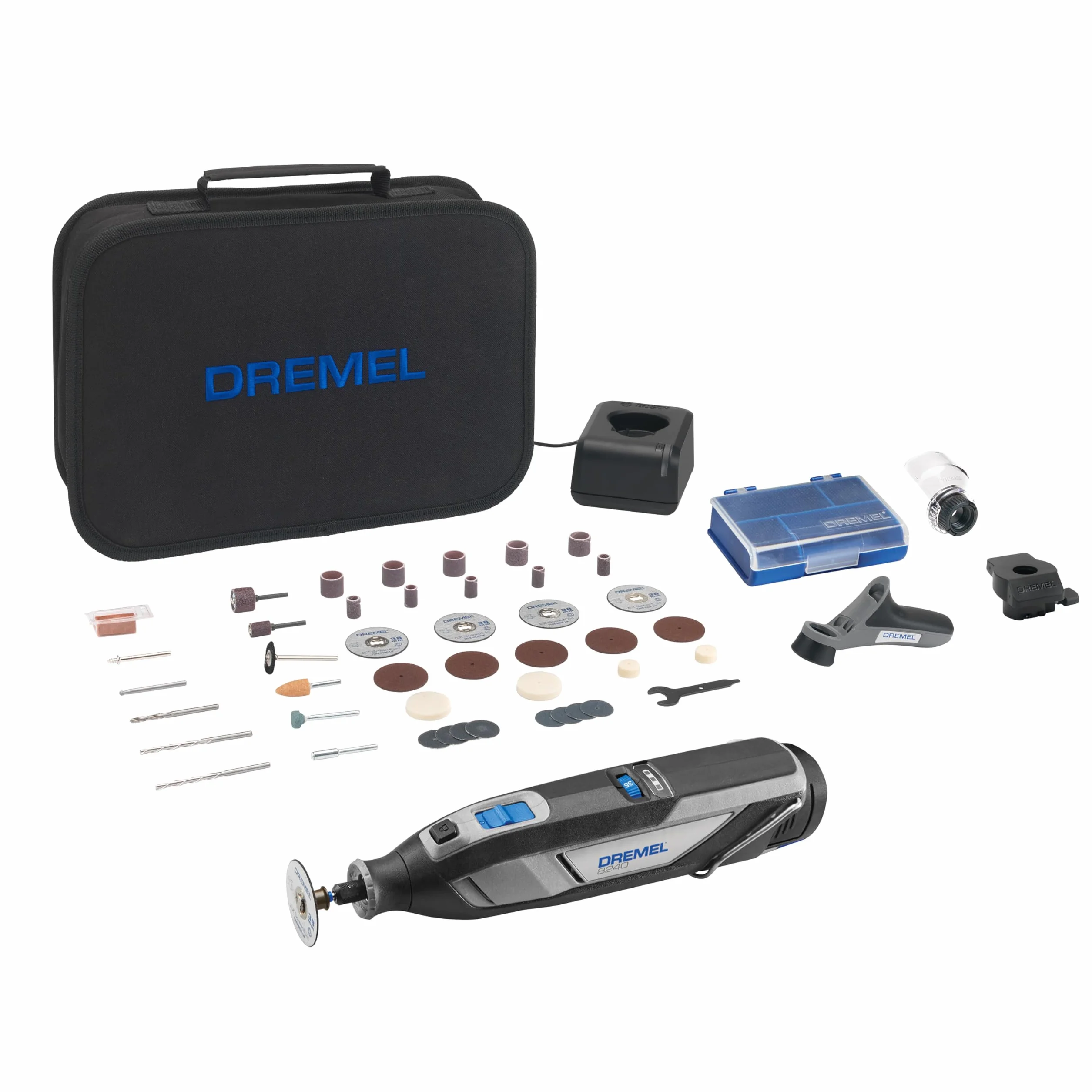 Dremel 8240 akumulatorowe narzędzie obrotowe 12V 2Ah, akumulator litowo-jonowy, zestaw narzędzi z 3 przystawkami, 45 akcesoriów, zmienna prędkość 5.000-35.000 obr.