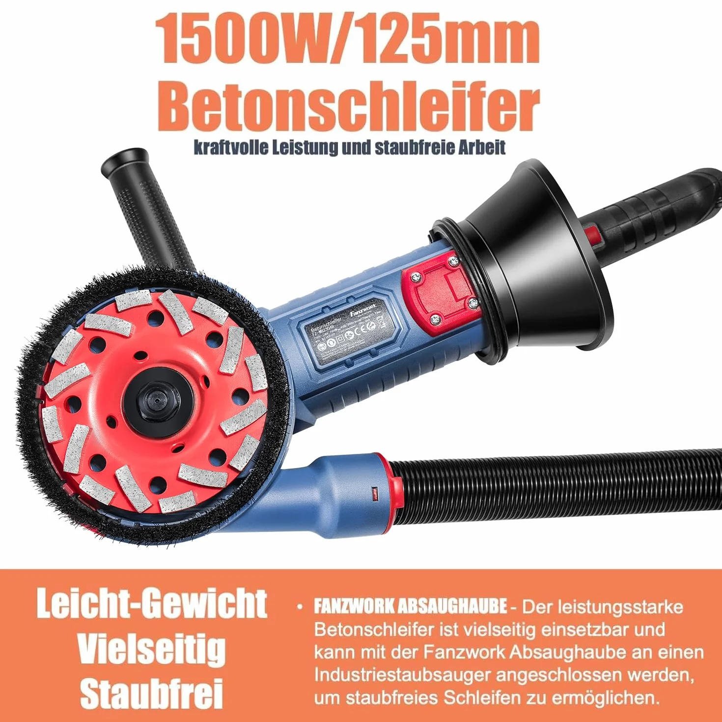 FANZWORK 1500 W szlifierka do betonu zestaw frezów do betonu, regulacja prędkości obrotowej, w zestawie diamentowa tarcza szlifierska premium 125 mm *2, okap ssący, uchwyt w kształcie litery T