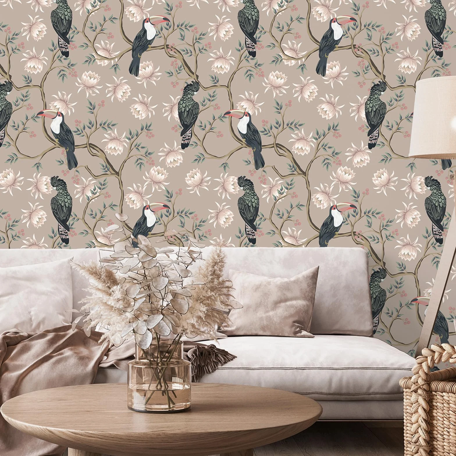 VEELIKE Tapeta kwiatowa z zakurzonymi różowymi ptakami, vintage chinoiserie, samoprzylepny papier kontaktowy z motywem liści, egzotyczna botaniczna sztuka ścienna, wzorzysty tropikalny mural ścienny