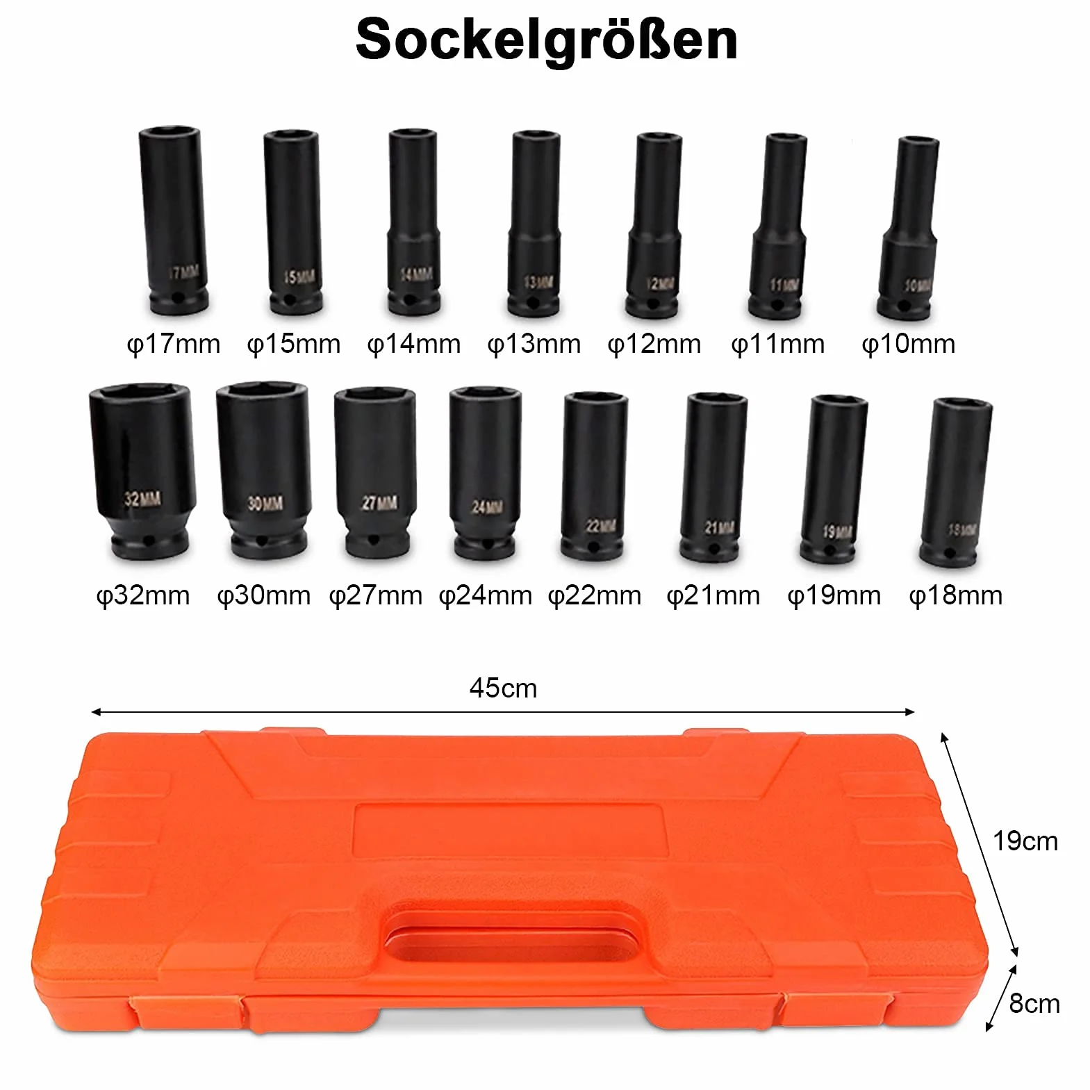 Zestaw nasadek udarowych, 15-częściowy, nasadki do kluczy nasadowych 1/2", 10-32 mm, zestaw końcówek udarowych do prac śrubowych